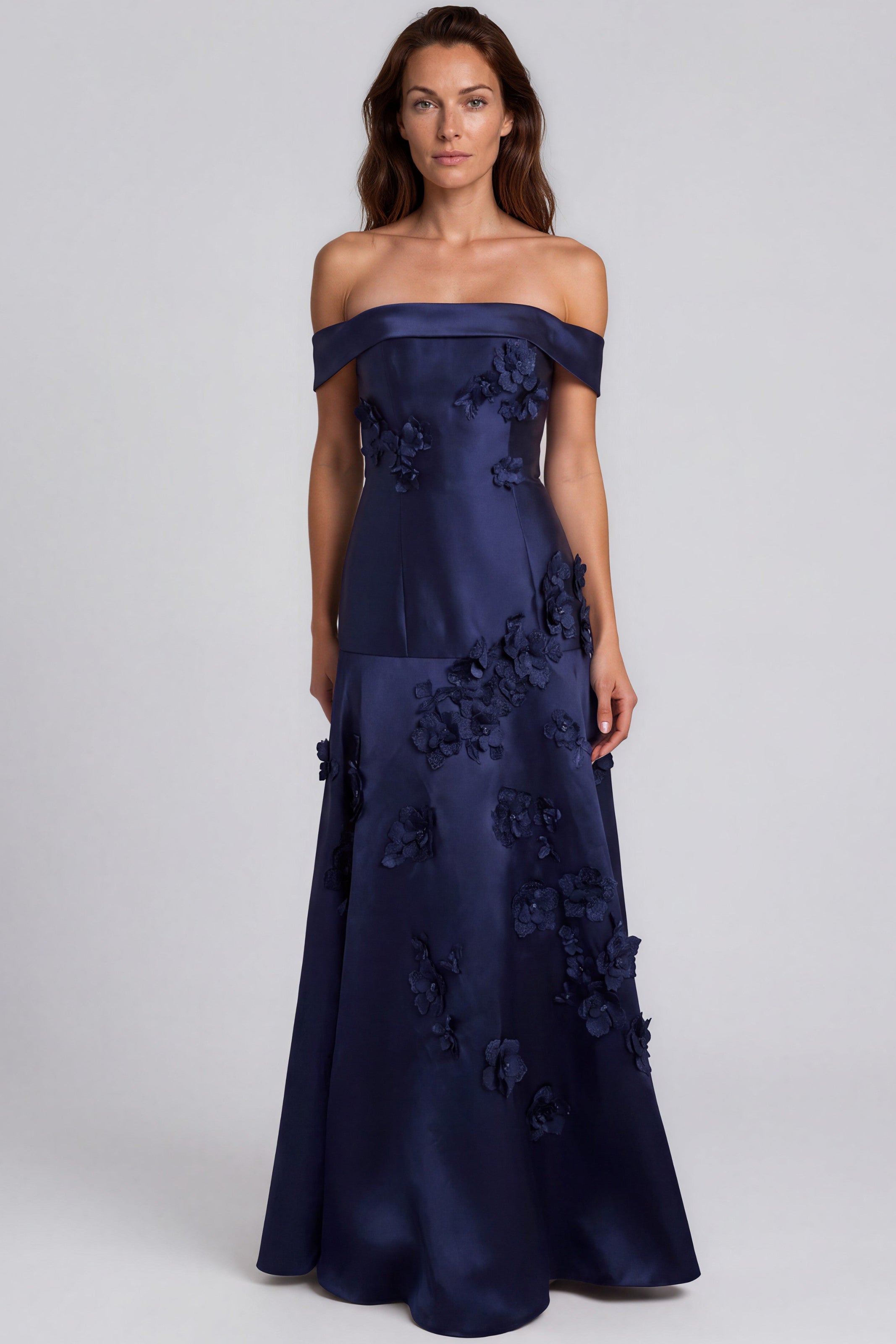Off The Shoulder Floral Appliqués Mikado A-Line Gown
