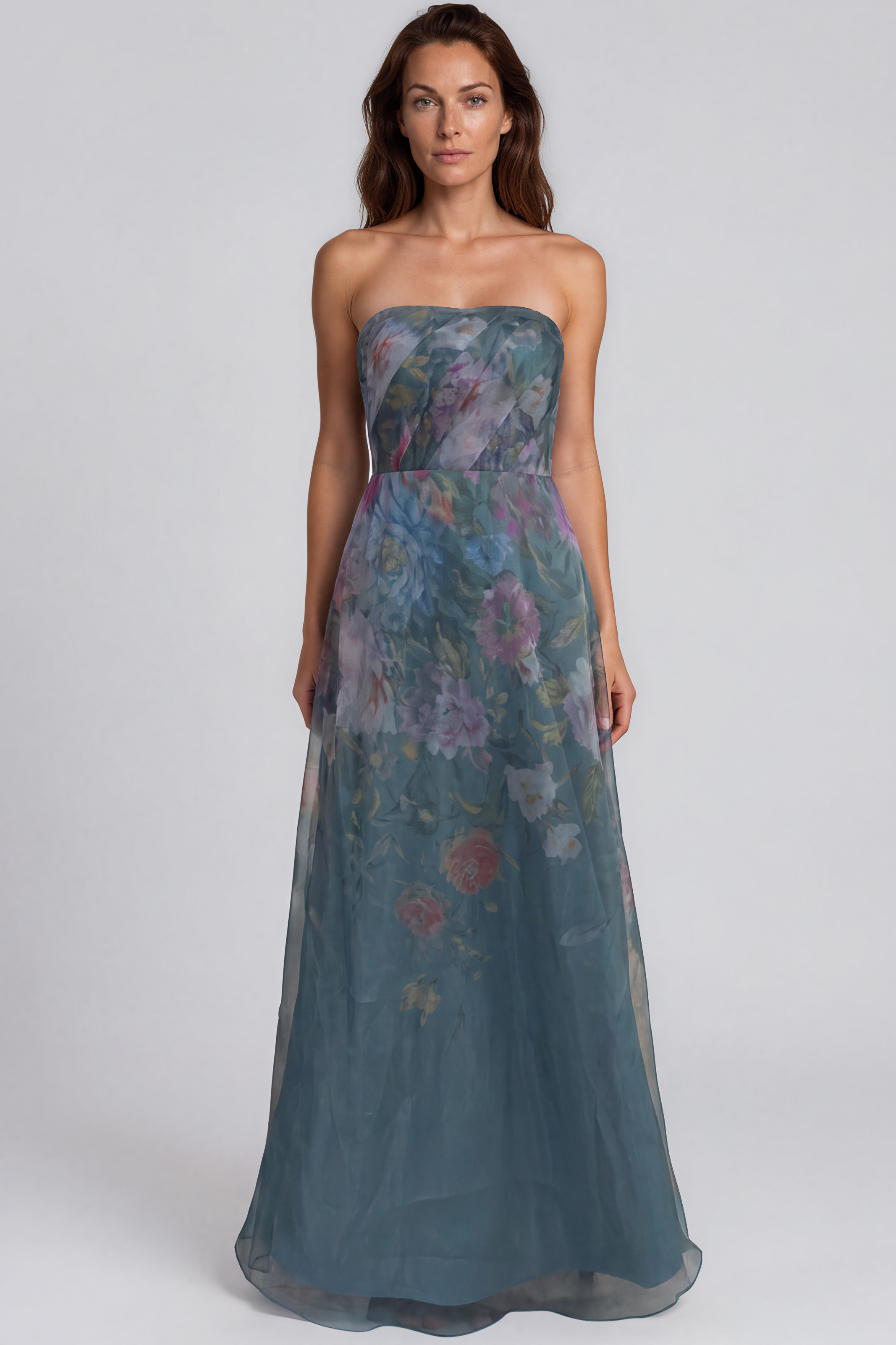 Strapless Floral Printed Organza A-Line Gown Gown Rene Ruiz Collection