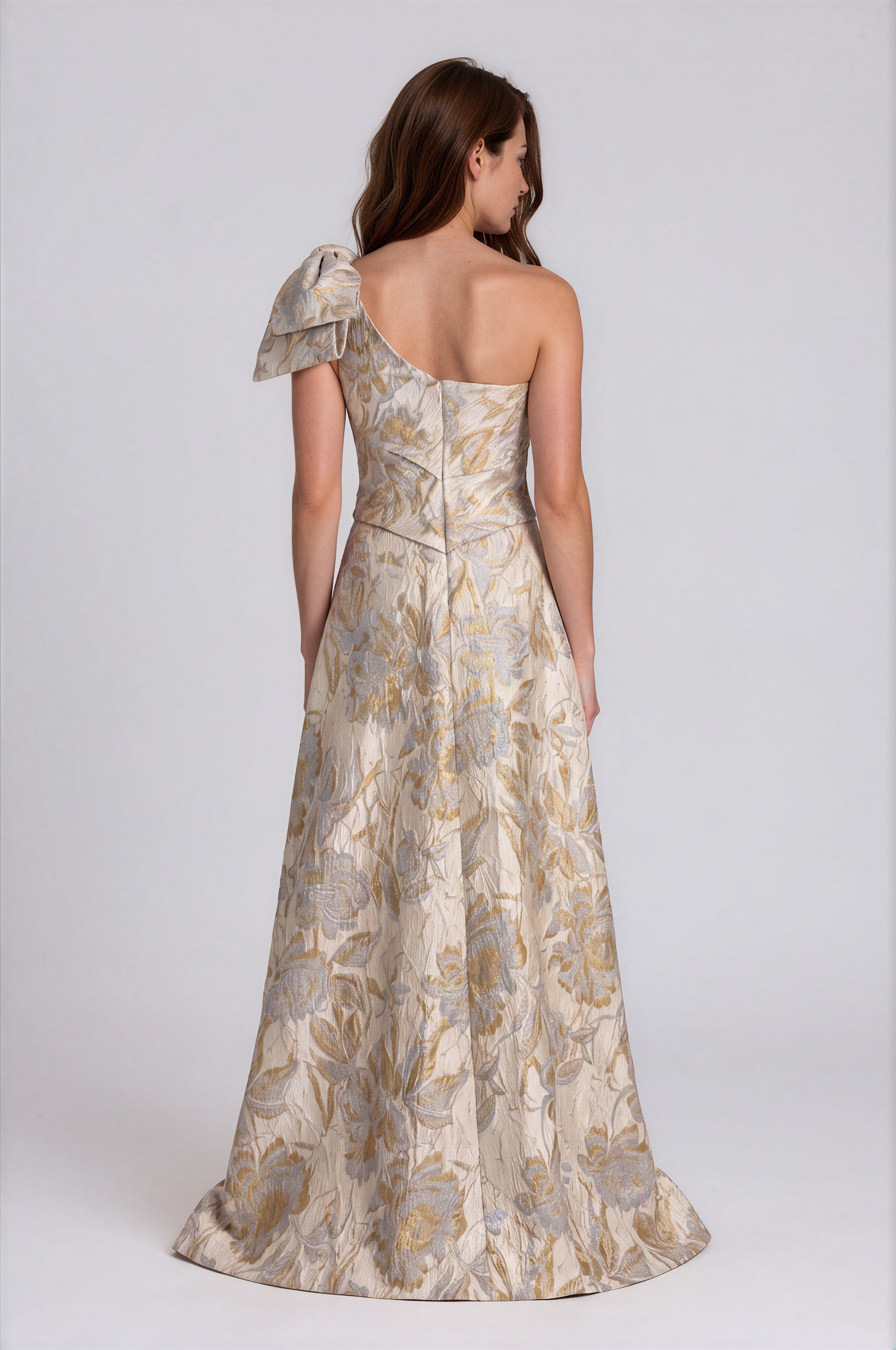 One Shoulder Metallic Floral Brocade A-Line Gown Gown Rene Ruiz Collection