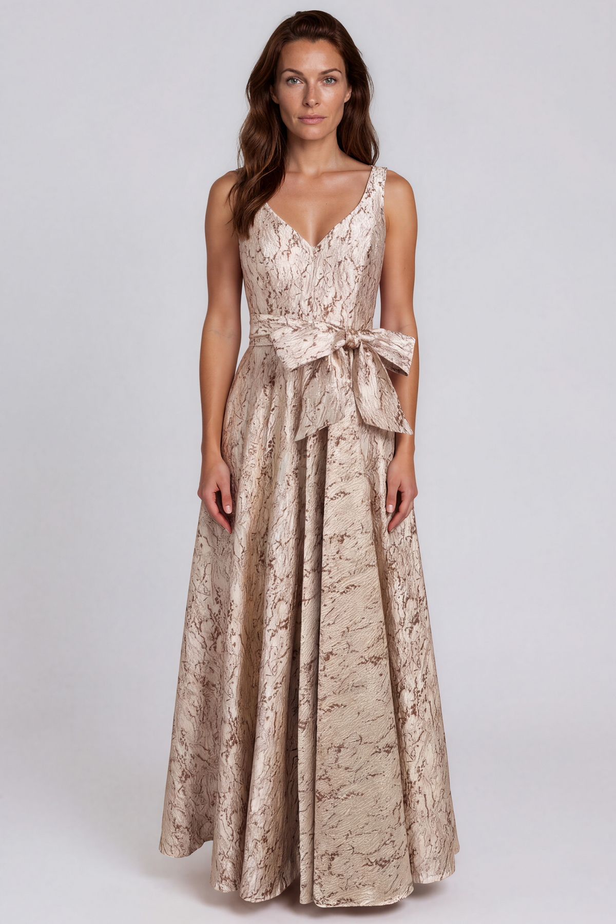 V-Neck Metallic Jacquard Waist Tie A-Line Gown Gown Rene Ruiz Collection