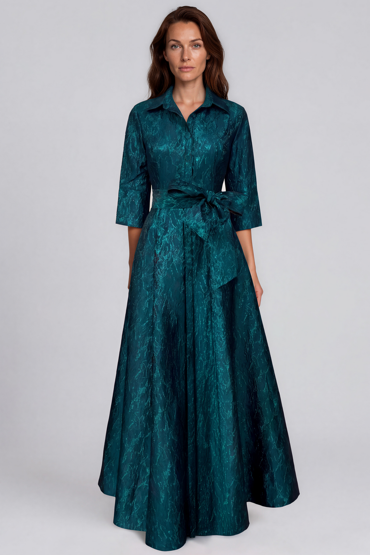 3/4 Sleeve Jacquard A-Line Shirt Gown with Sash Waist Gown Rene Ruiz Collection
