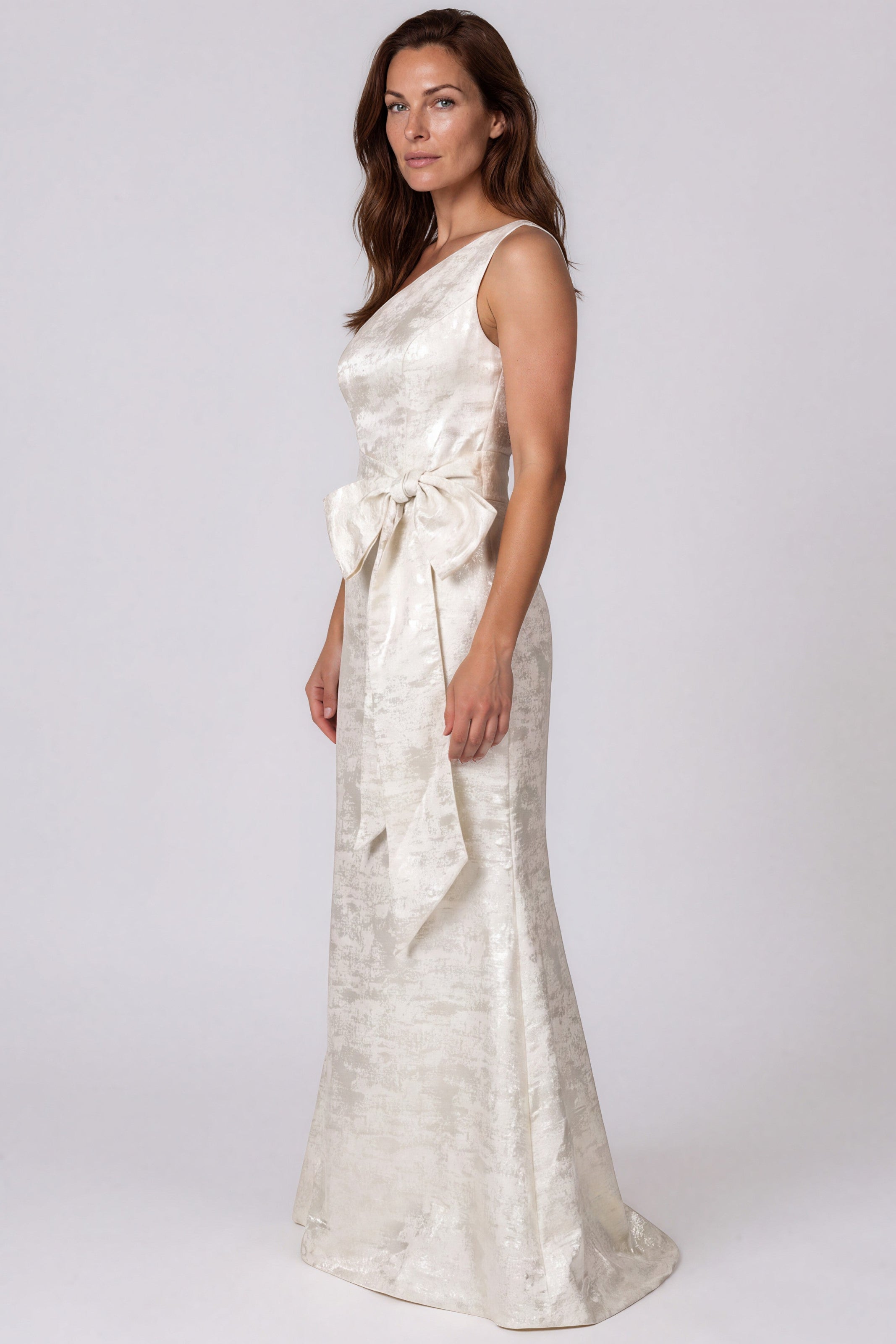 One Shoulder Jacquard Fit and Flare Gown with Bow Waist Detail Gown Rene Ruiz Collection
