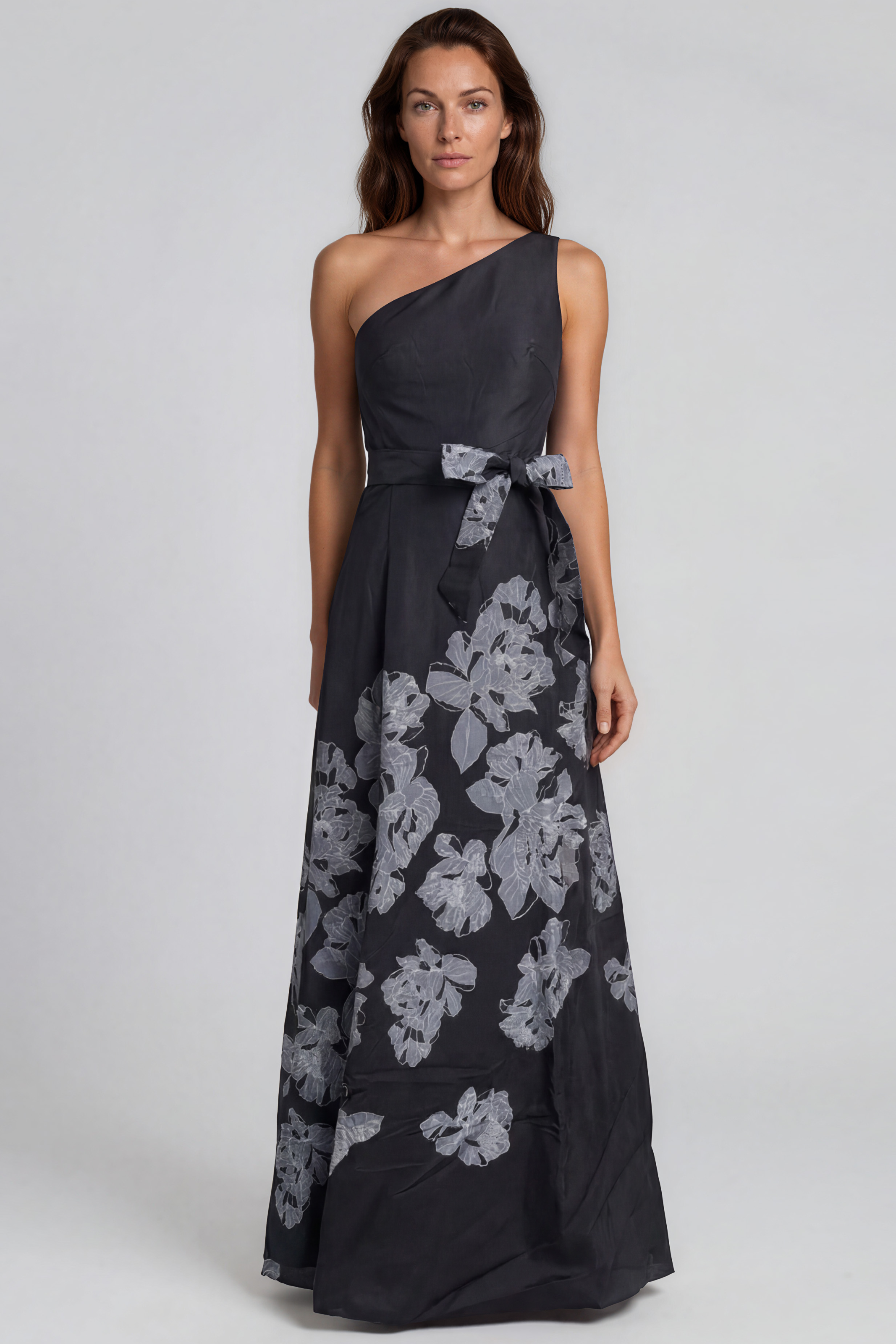 One Shoulder Floral Boarder Print Mikado A-Line Gown Gown Rene Ruiz Collection