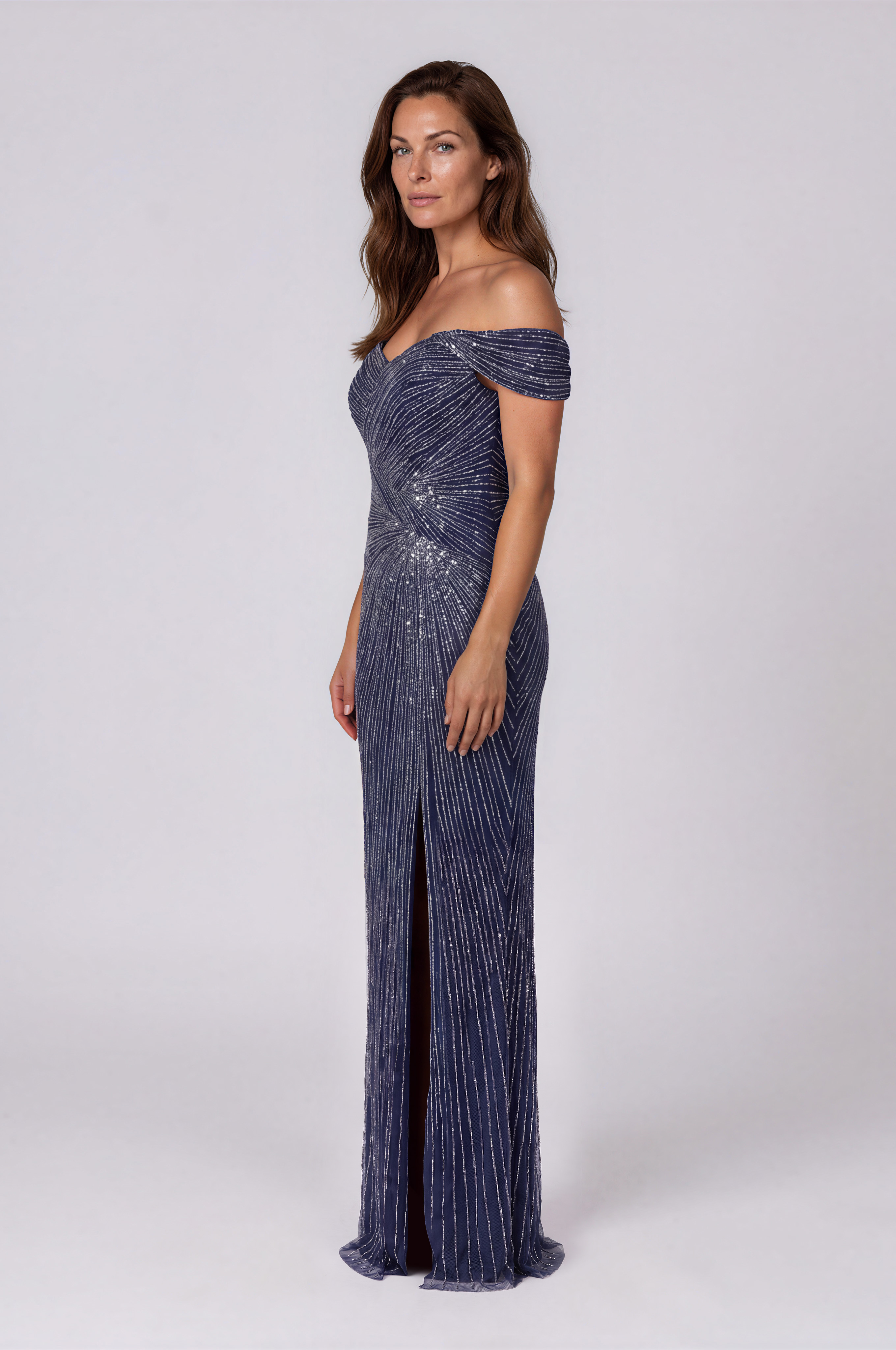 Off the Shoulder Beaded Gown (boca) Gown Rene Ruiz Collection