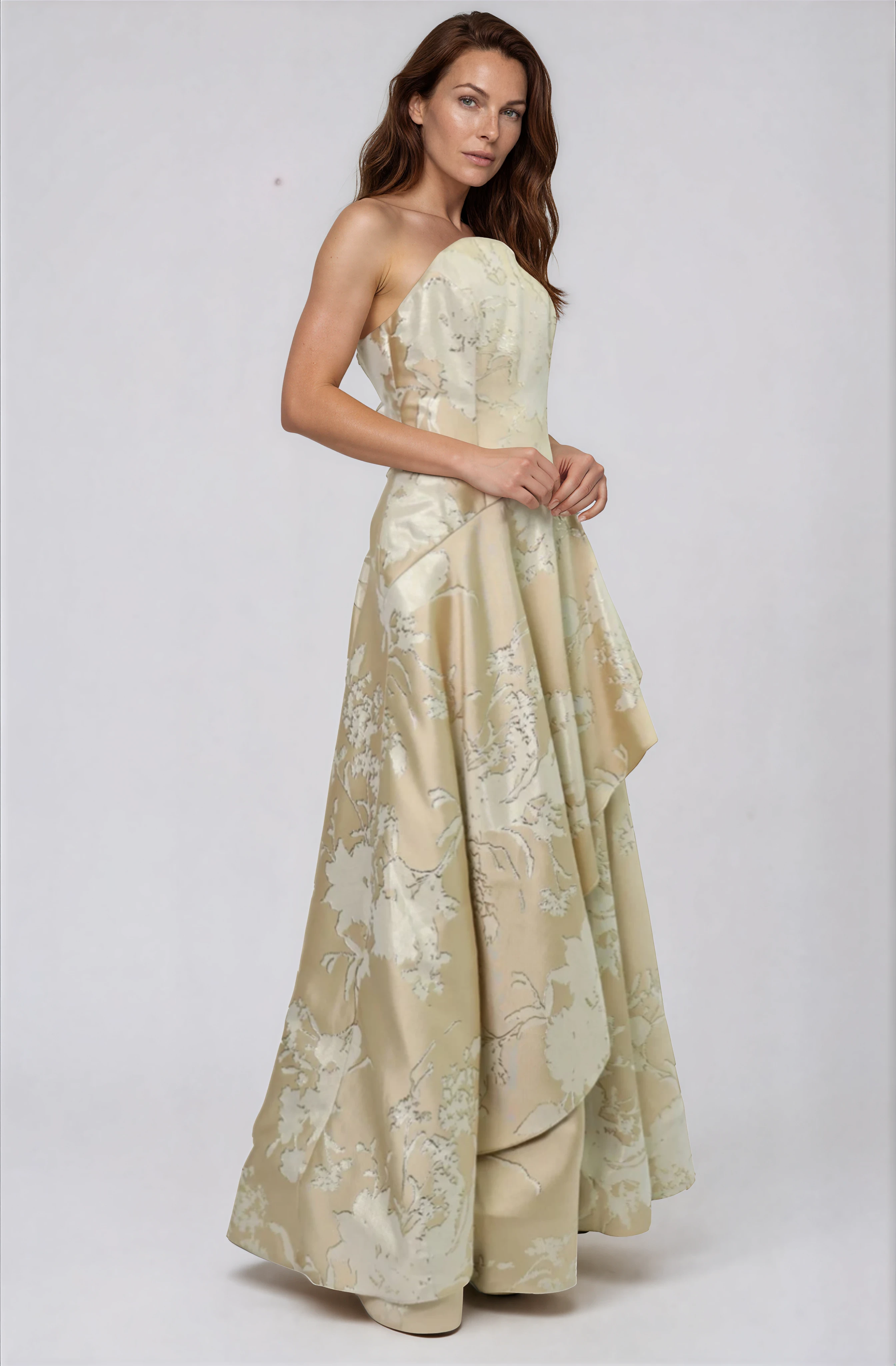 Strapless Brocade Gown with Cascading Skirt Gown Rene Ruiz Collection