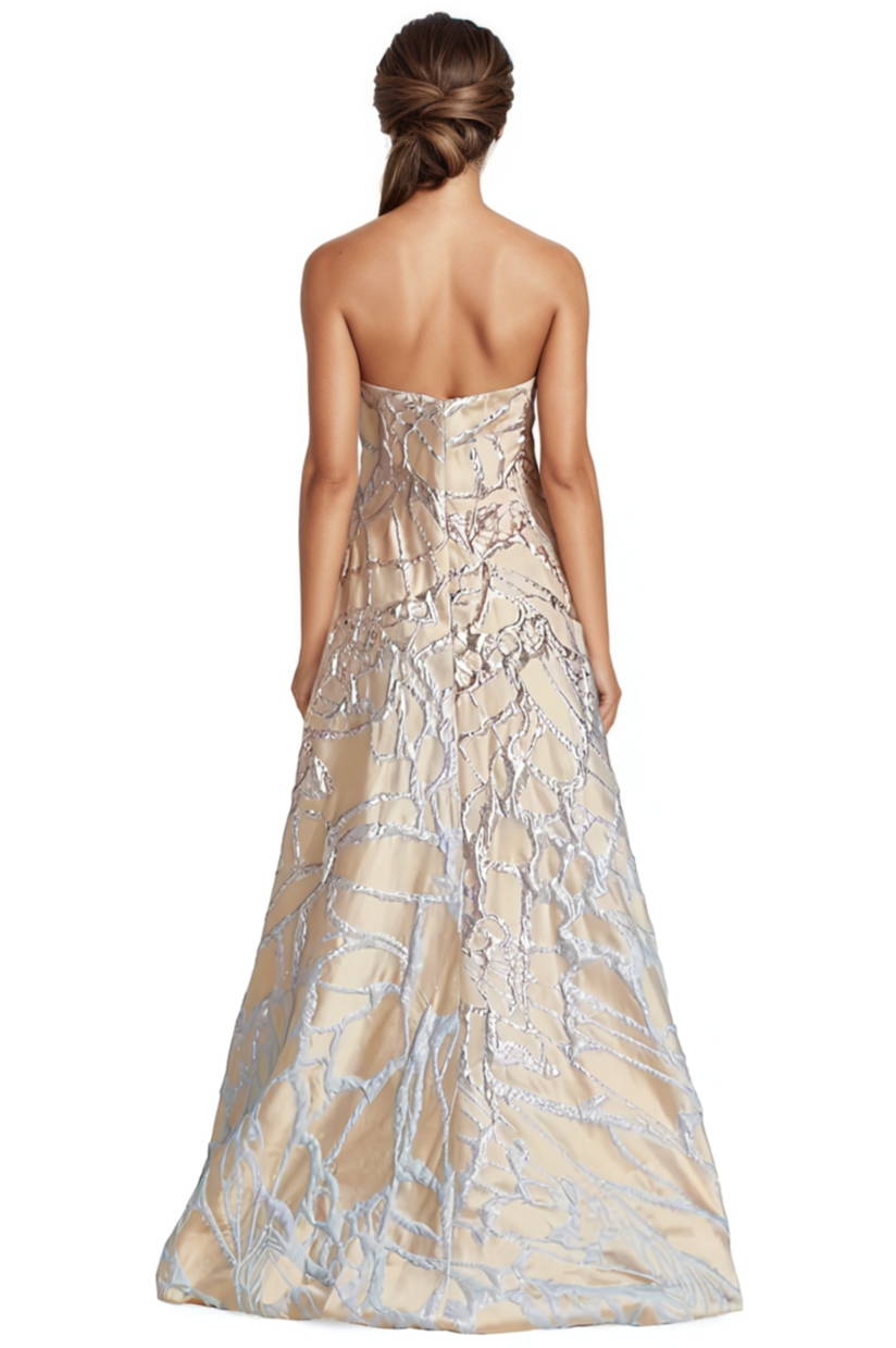 Strapless Abstract Metallic Jacquard Gown  