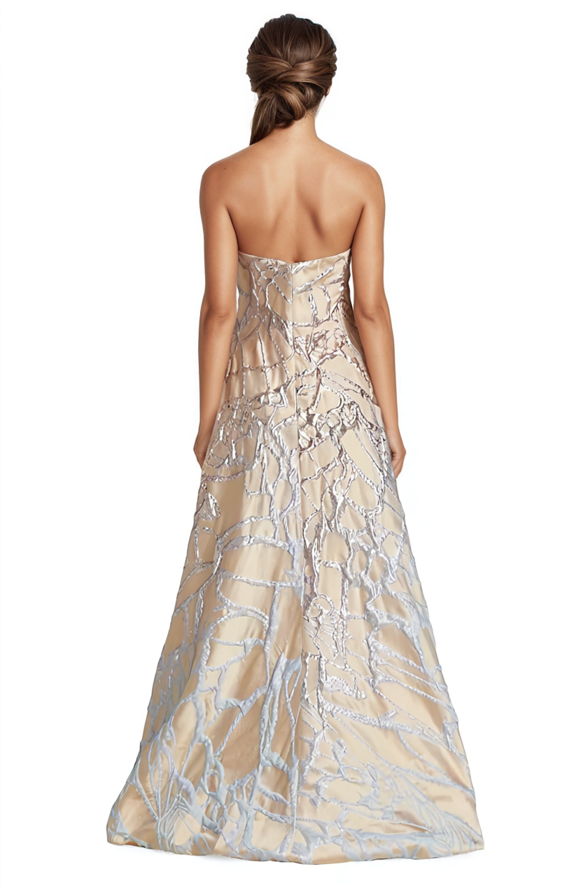 Strapless Abstract Metallic Jacquard Gown  