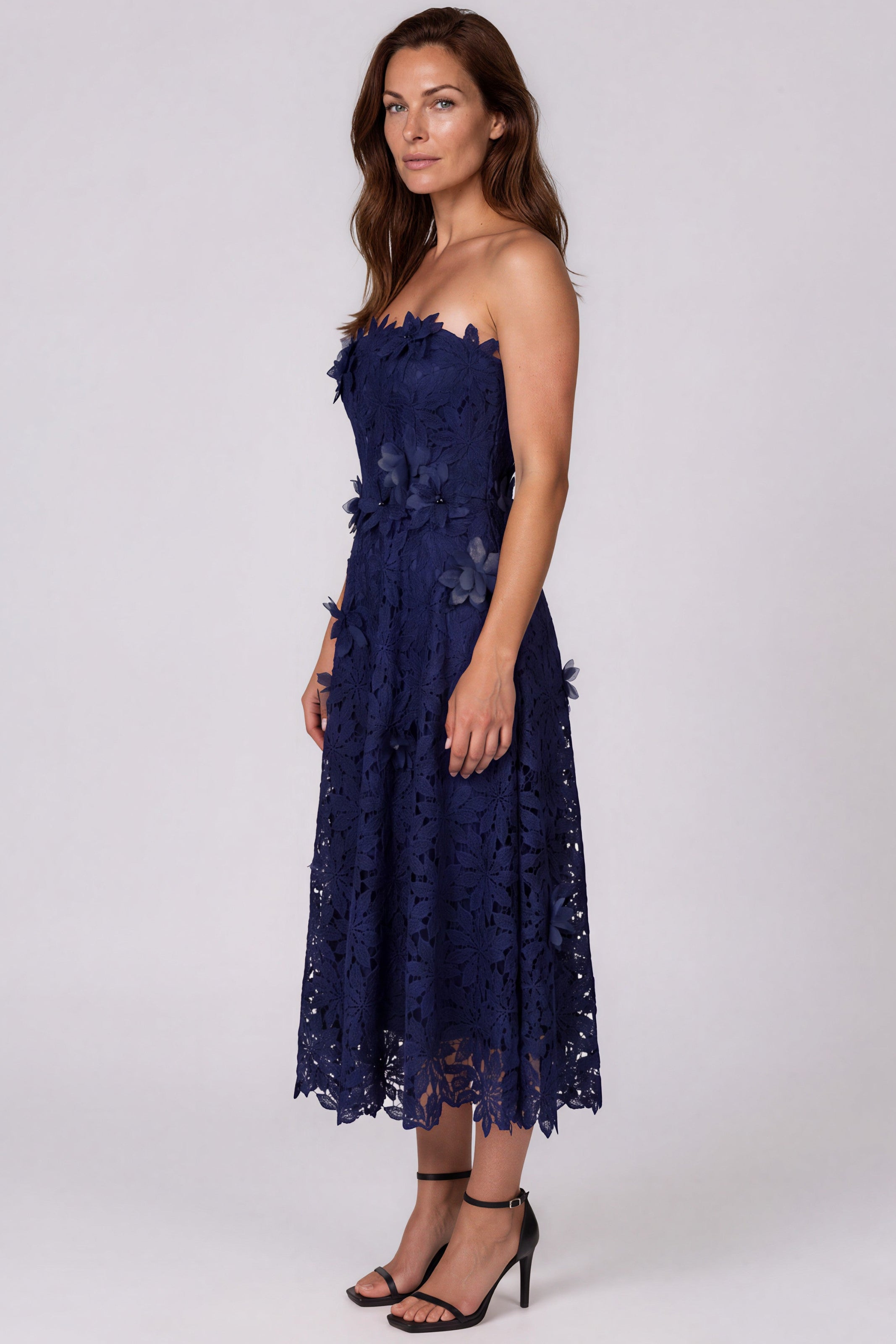 Strapless Floral Lace A-Line Cocktail Dress with 3D Floral Appliqués Cocktail Rene Ruiz Collection