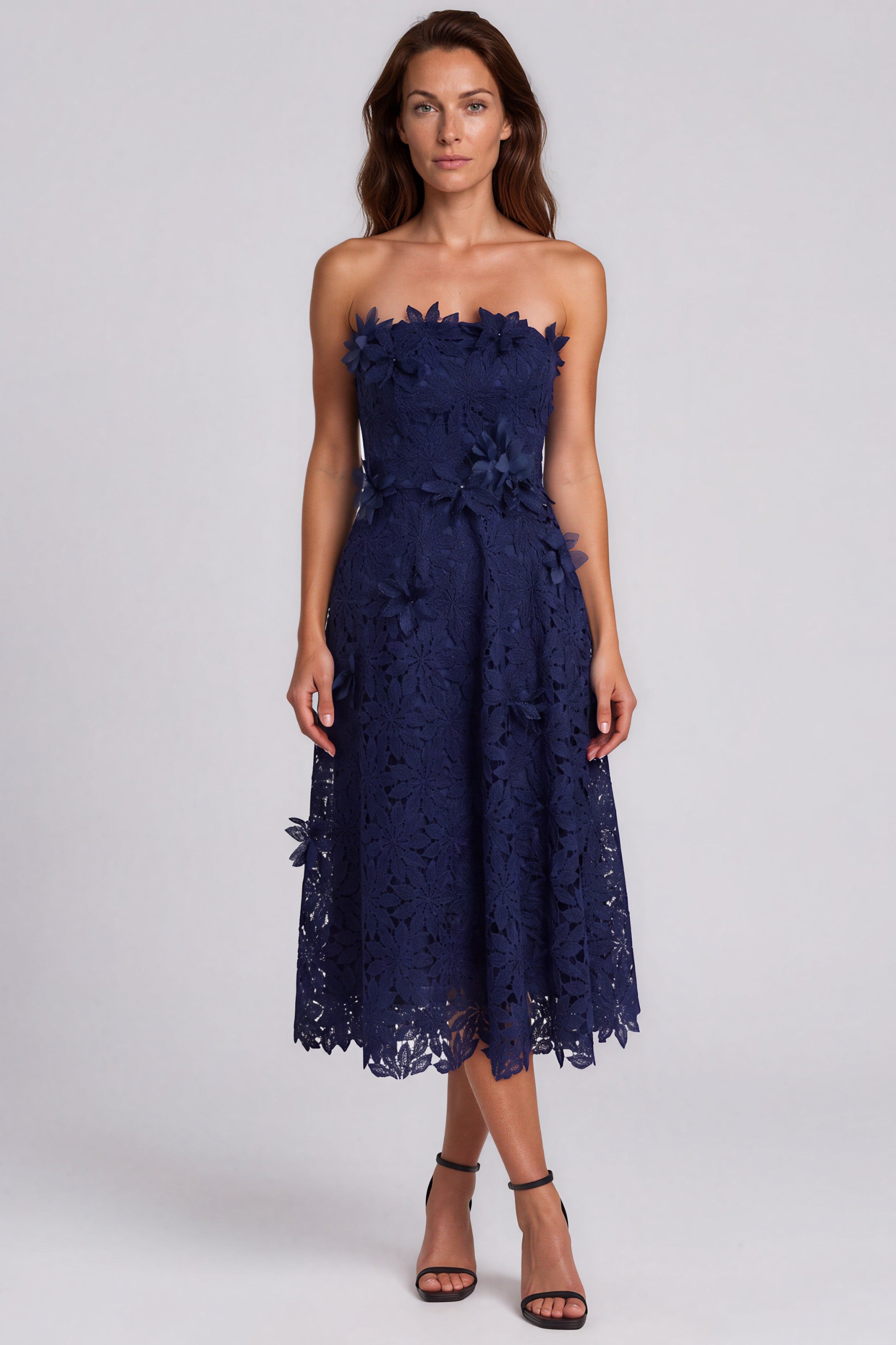 Strapless Floral Lace A-Line Cocktail Dress with 3D Floral Appliqués Cocktail Rene Ruiz Collection 2 Navy Fil Coupe