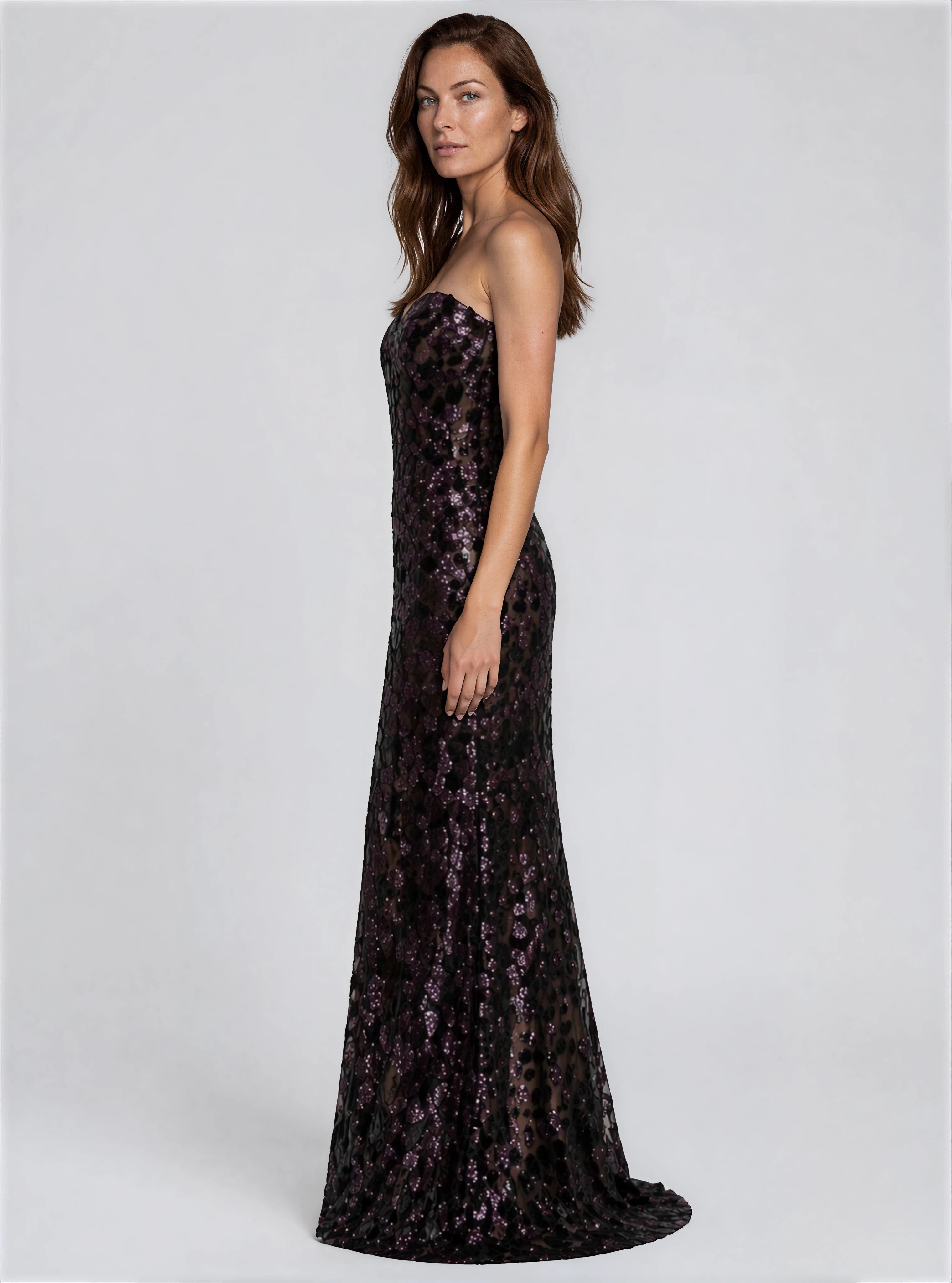 Strapless Sequin Fit And Flare Gown Gown Rene Ruiz Collection