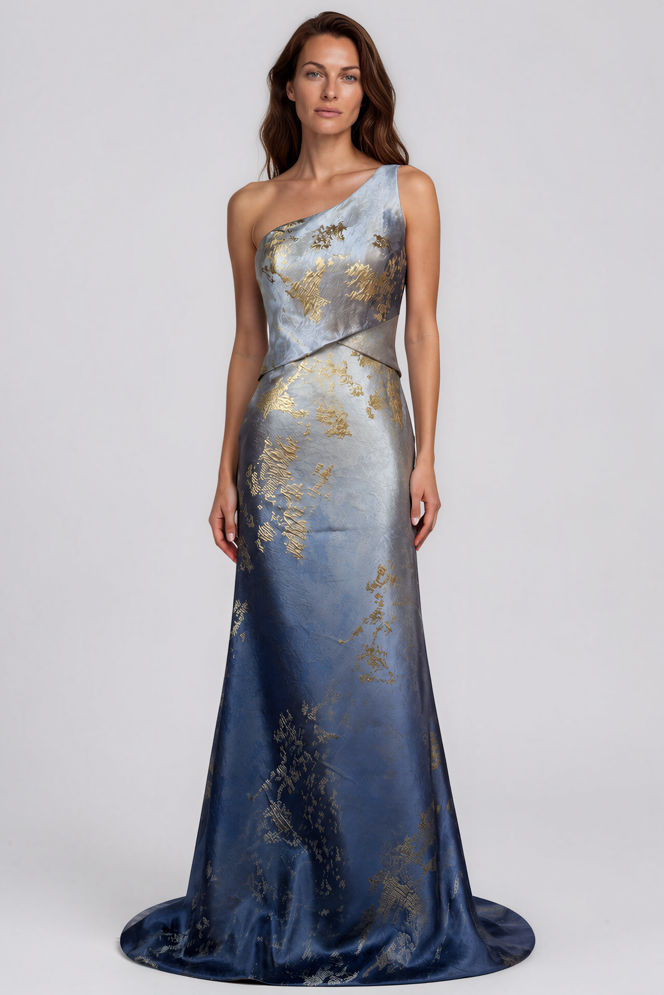 One Shoulder Metallic Jacquard Asymmetric Waist Fit and Flare Gown