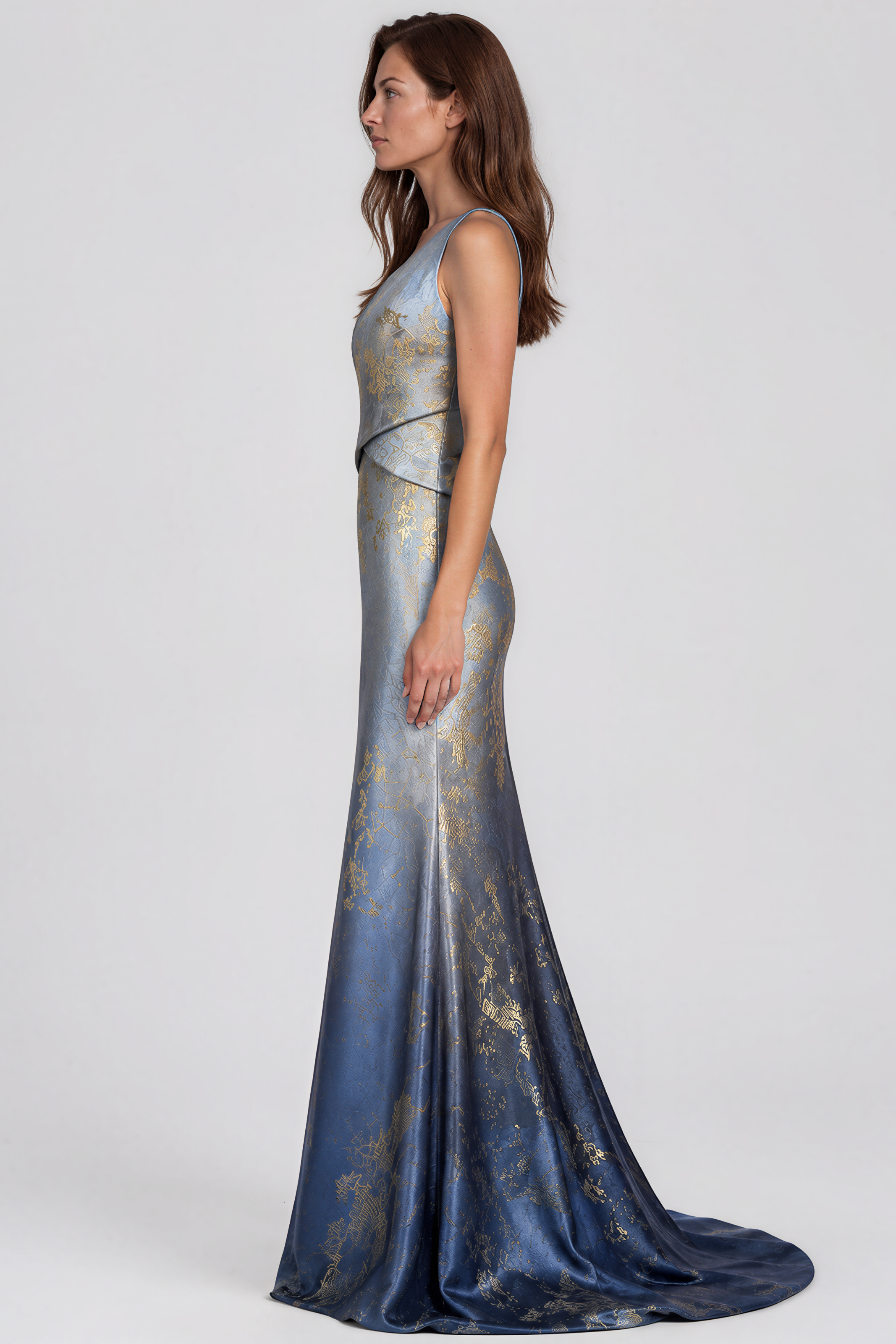 One Shoulder Metallic Jacquard Asymmetric Waist Fit and Flare Gown
