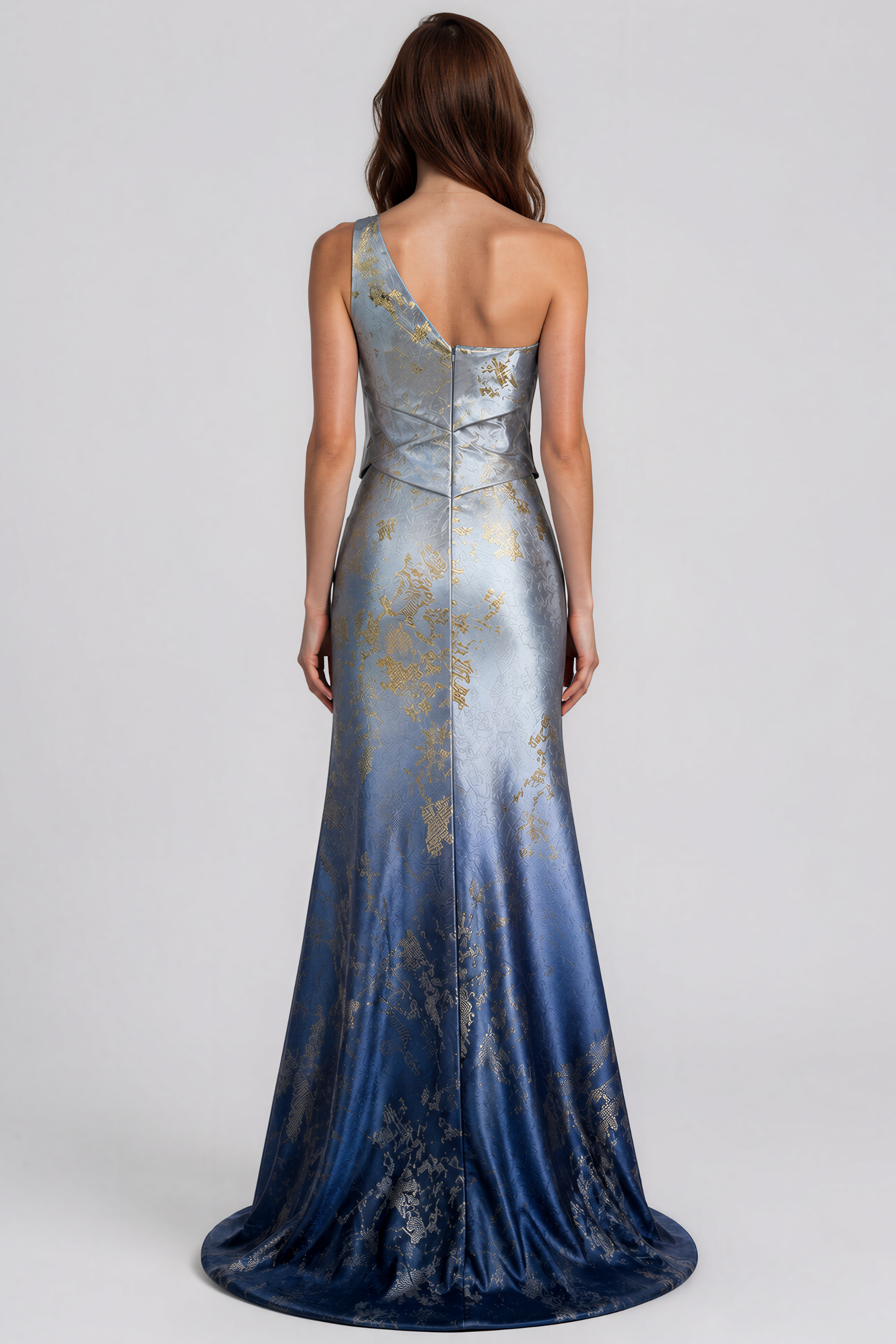 One Shoulder Metallic Jacquard Asymmetric Waist Fit and Flare Gown