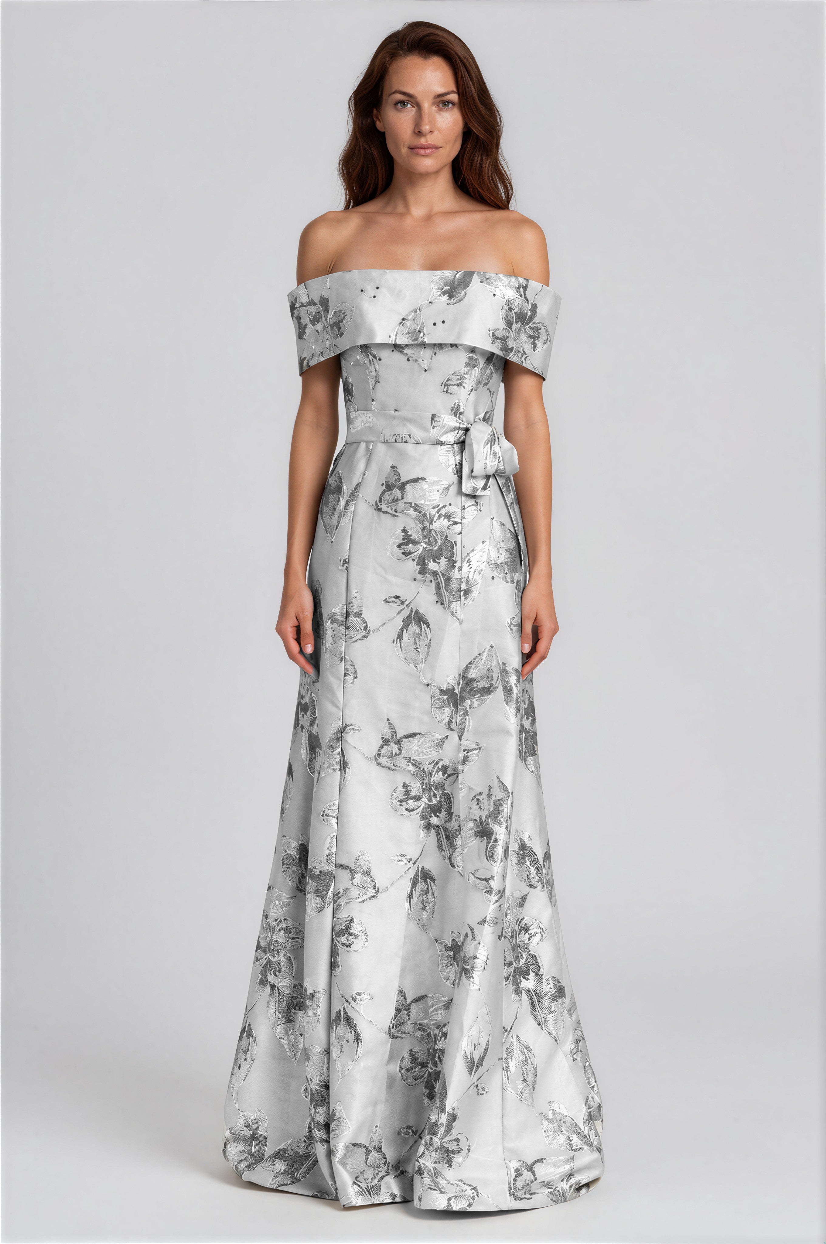 Off The Shoulder Floral Jacquard Mermaid Gown with Bow Detail Gown Rene Ruiz Collection