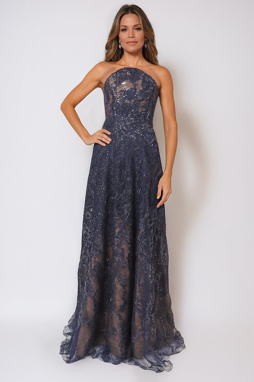 Floral Embroidered Strapless A-Line Gown