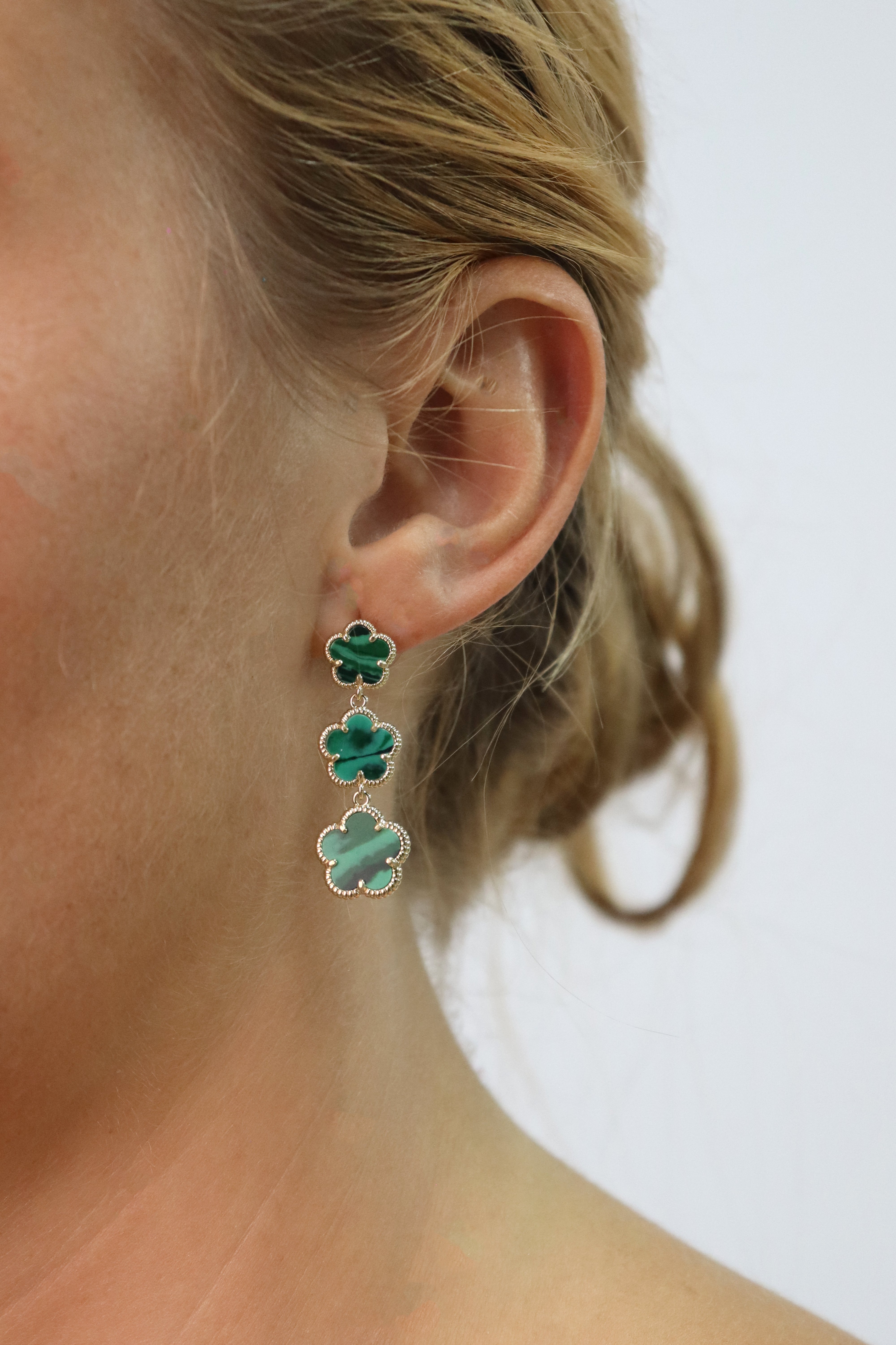 Three Flower Emerald Green Drop Earrings  