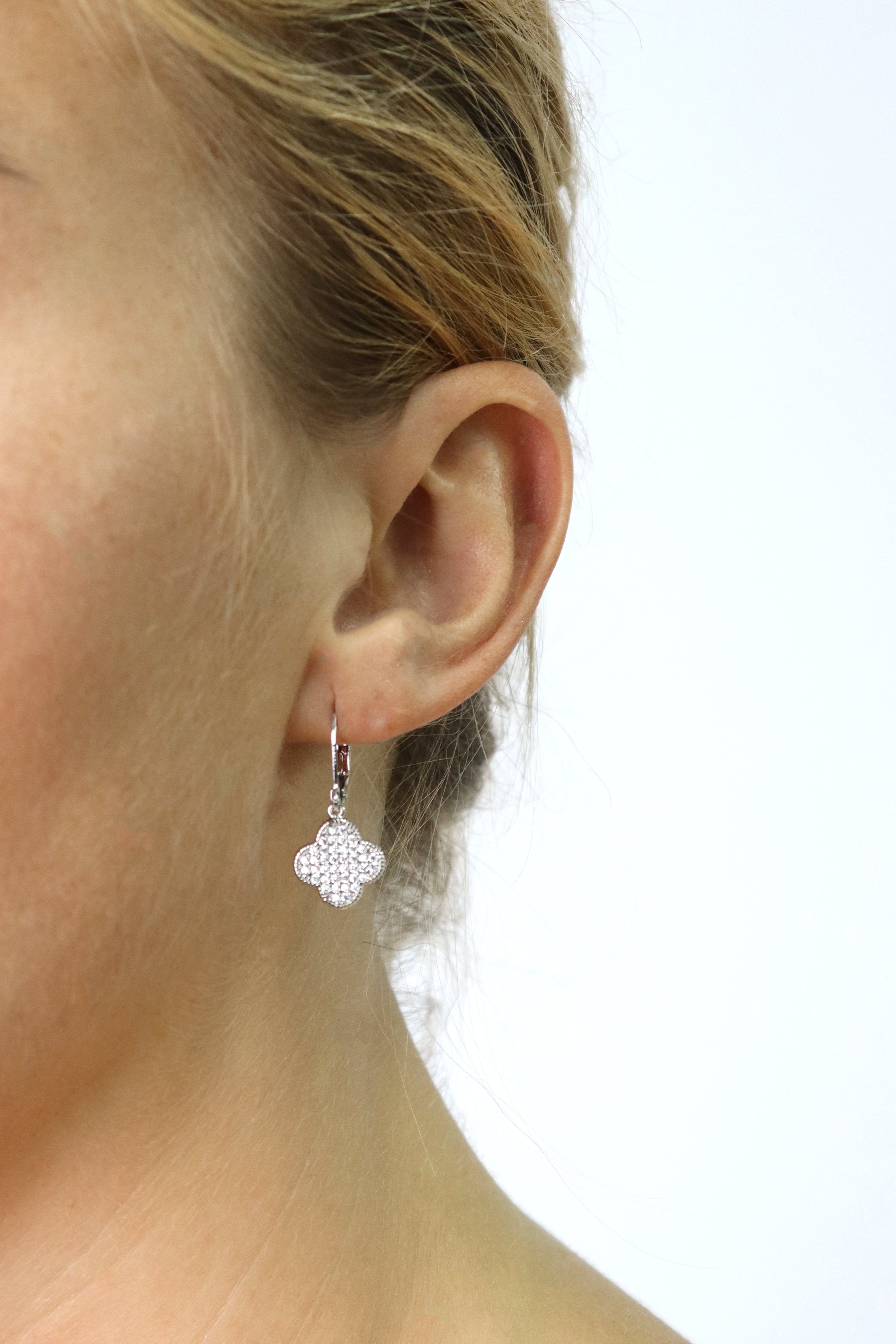 Clover Silver Pave Crystal Drop Earrings  