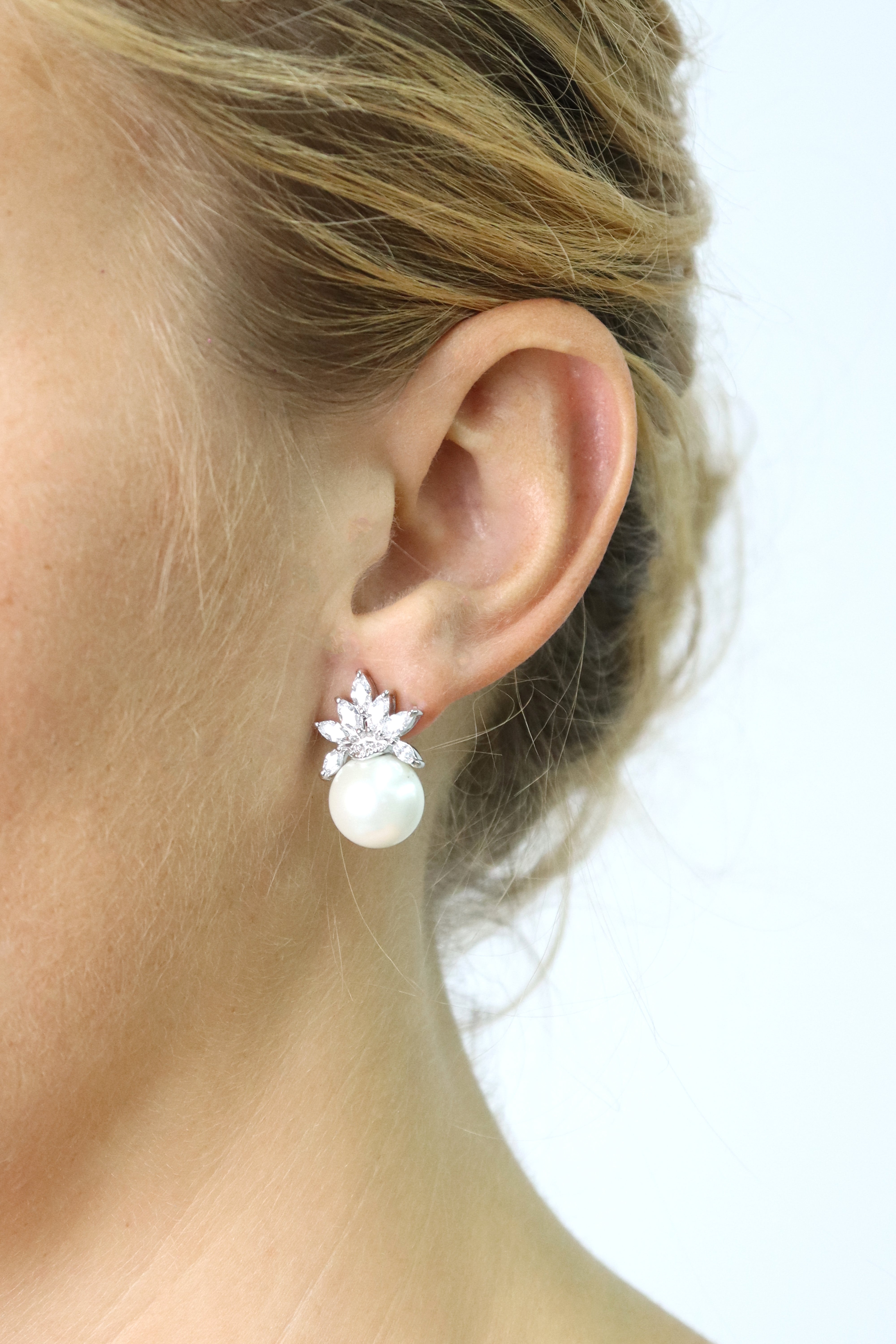 Silver Floral Crystal Stud Pearl Earrings  