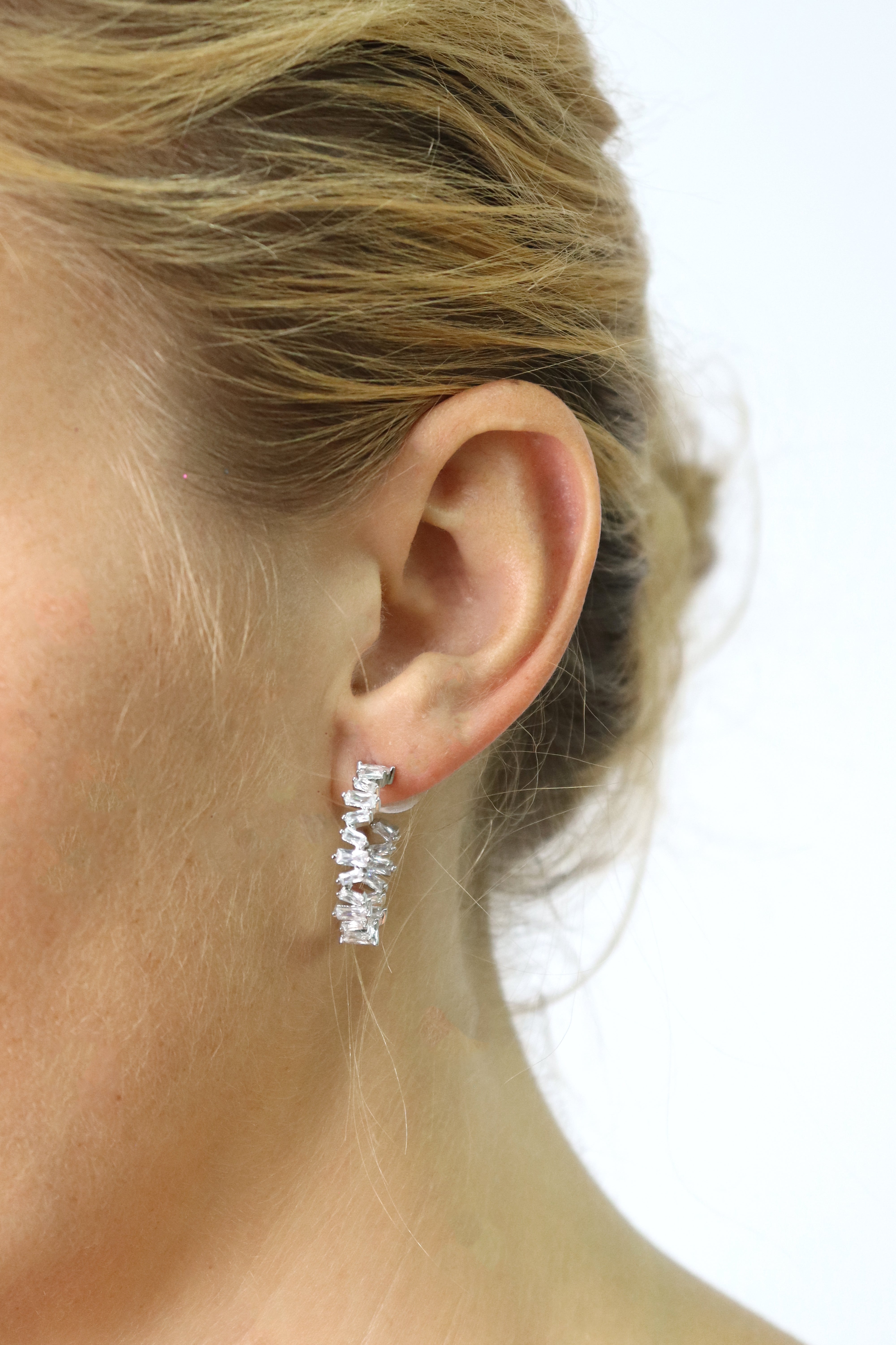 Irregular Cut Crystal Silver C Hoop Earrings  