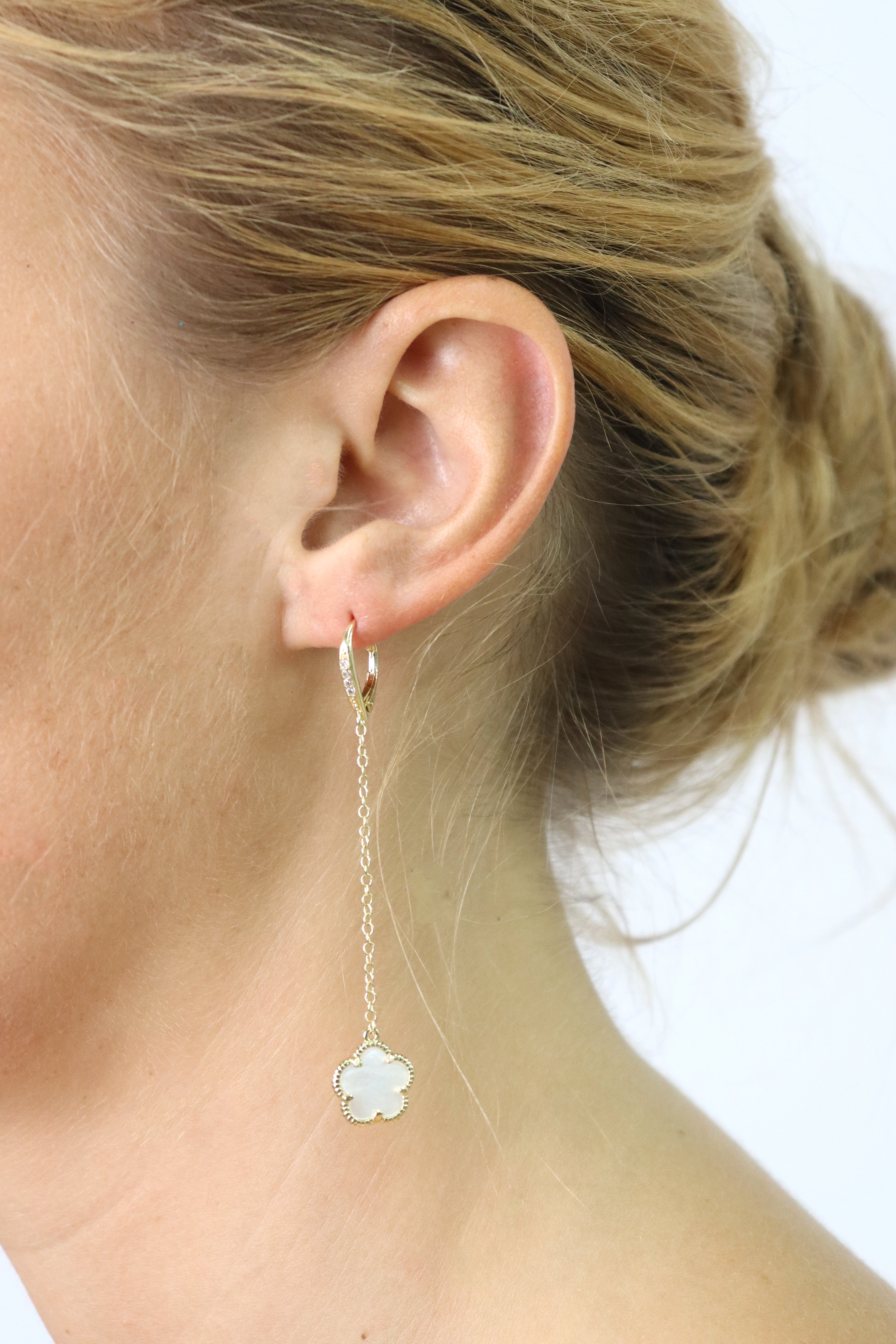 Long Flower Mother Of Pearl Chain Drop Earrings  