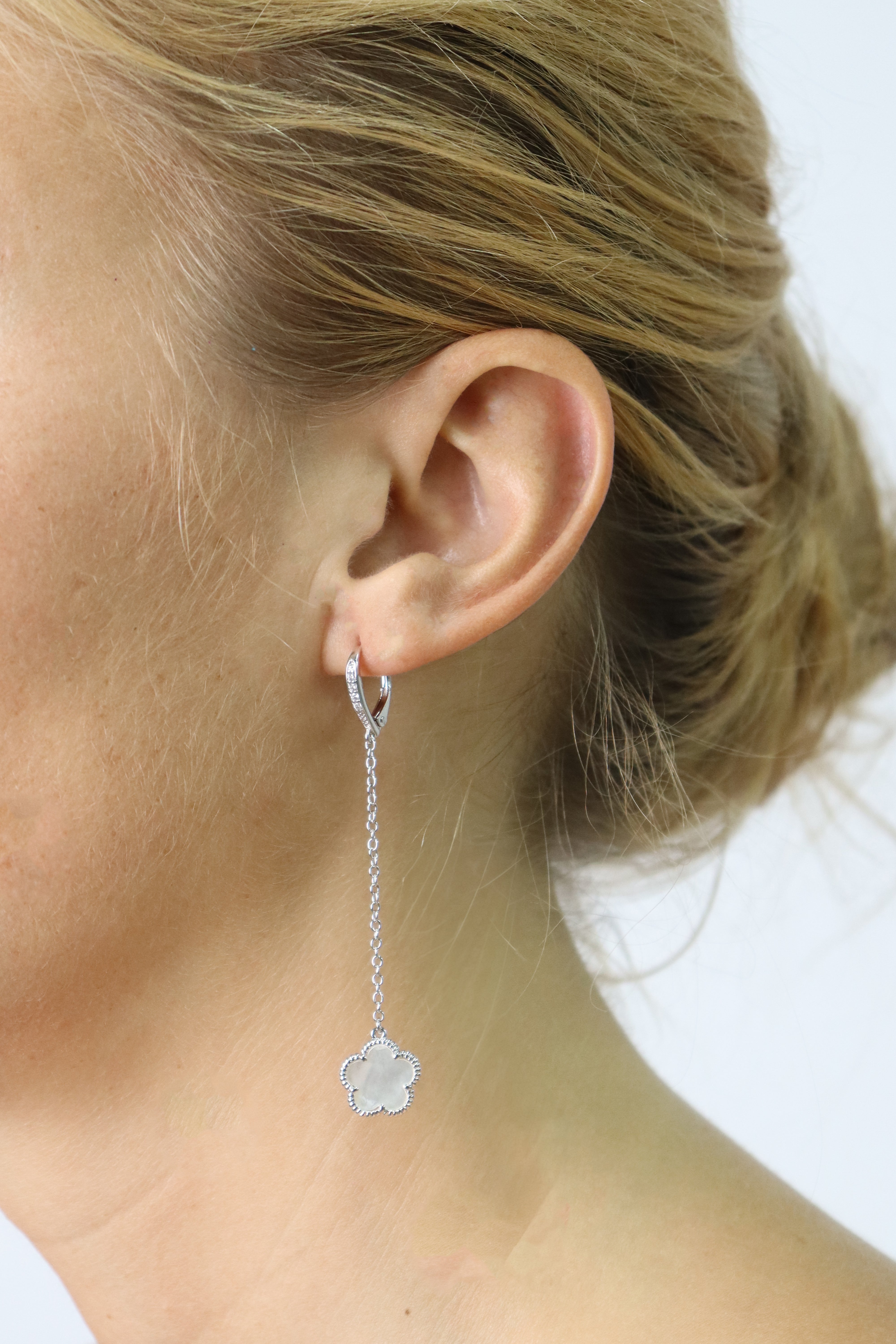 Long Flower Moonstone Chain Drop Earrings  