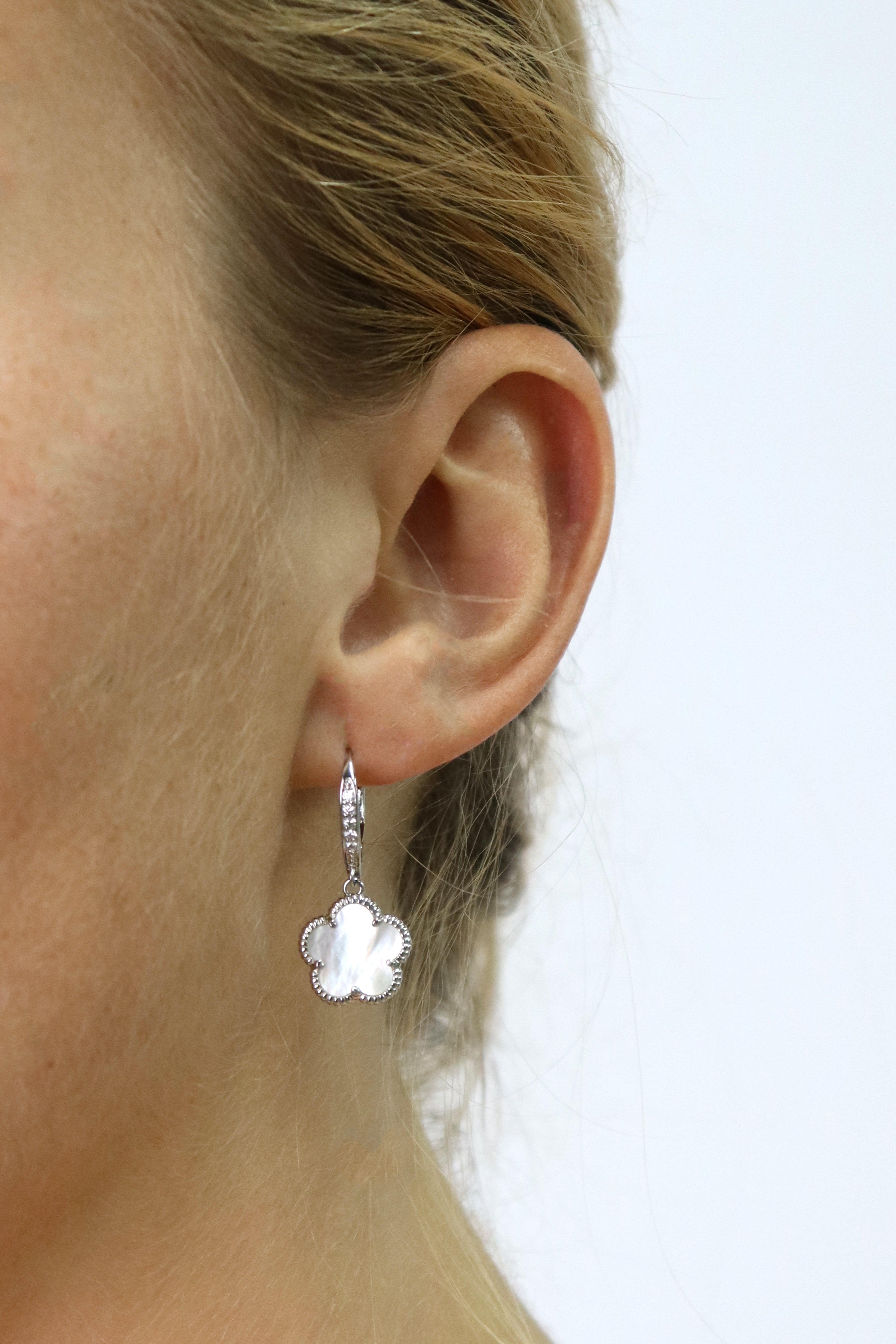 Clover Mother Of Pearl Silver Drop Hoop Earrings  