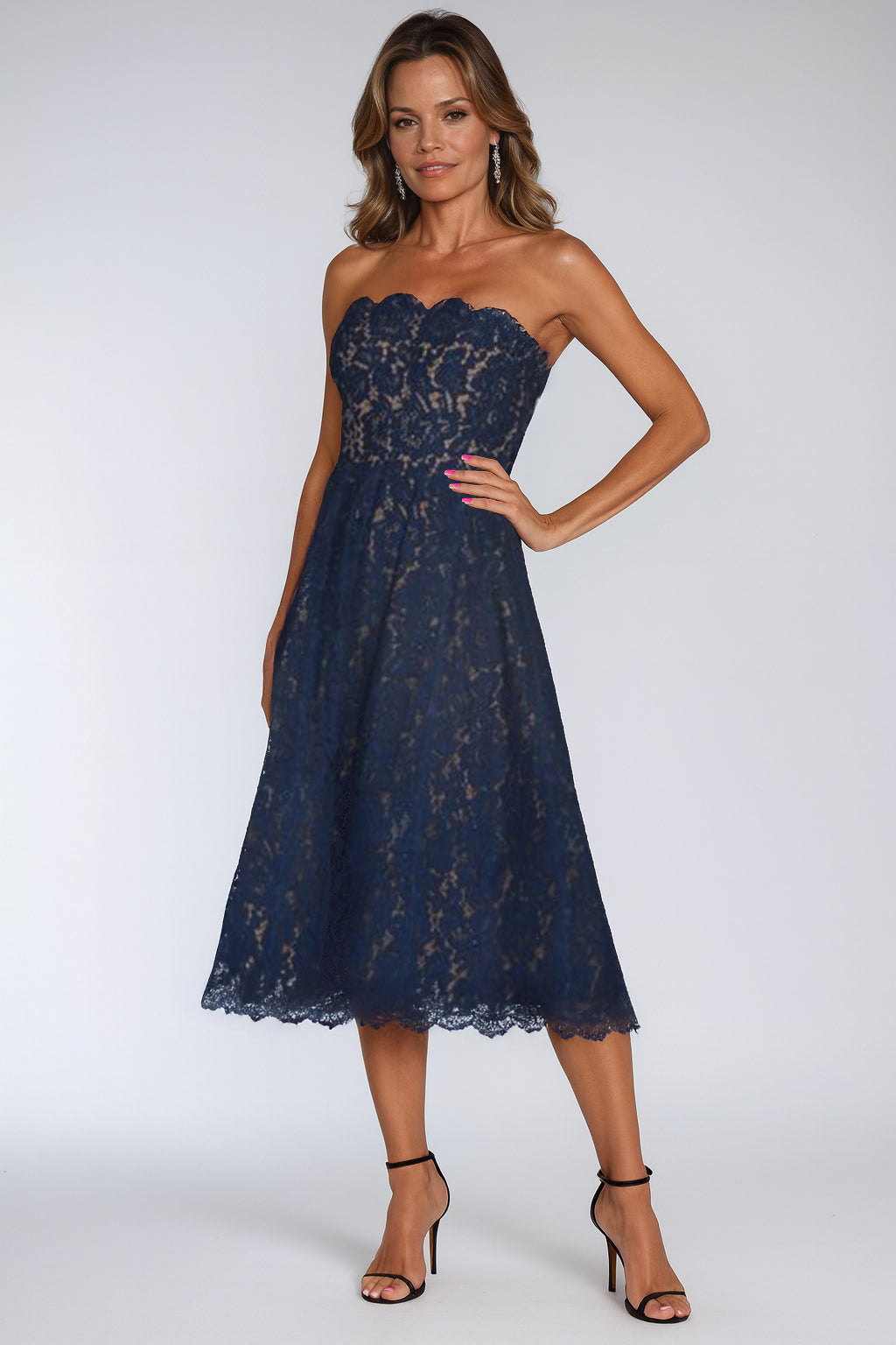 Strapless Scalloped Lace Midi Cocktail Rene Ruiz Collection