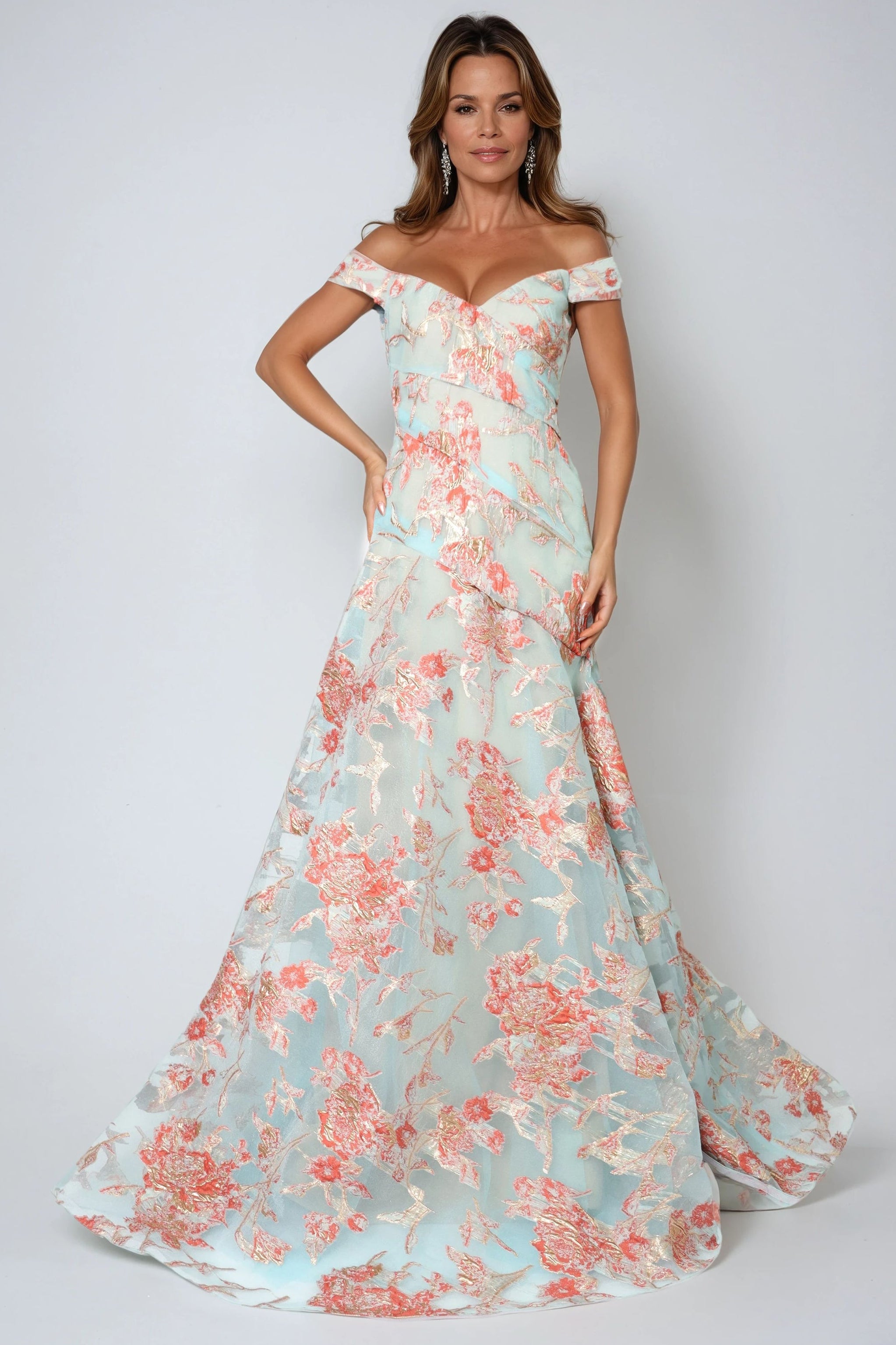 Off The Shoulder Floral Fil Coupe A-Line Gown