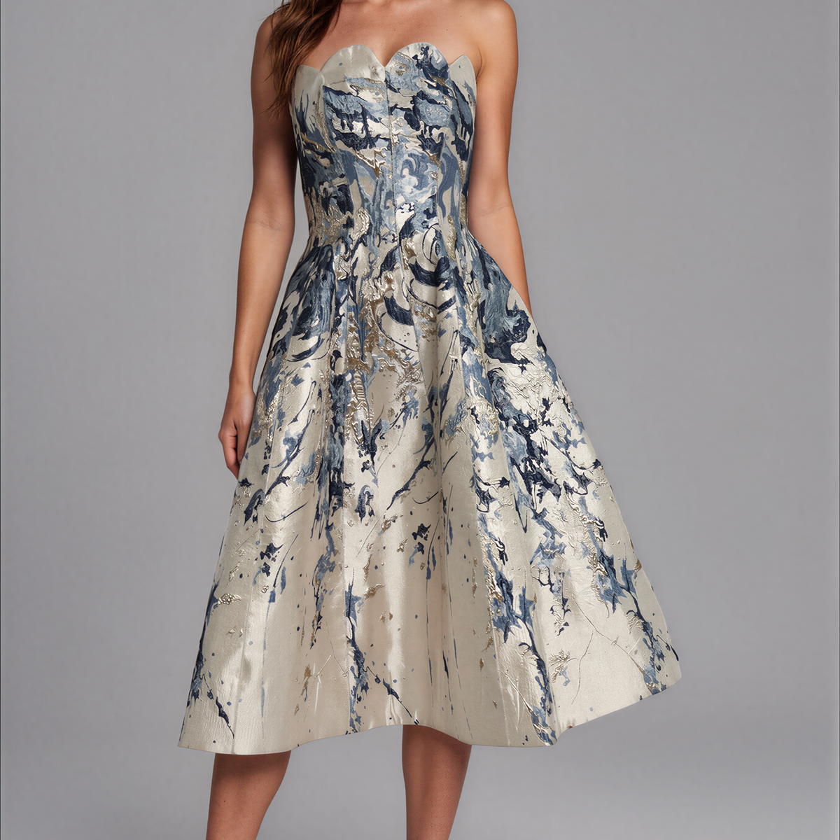 Strapless Scalloped Brocade Cocktail Midi