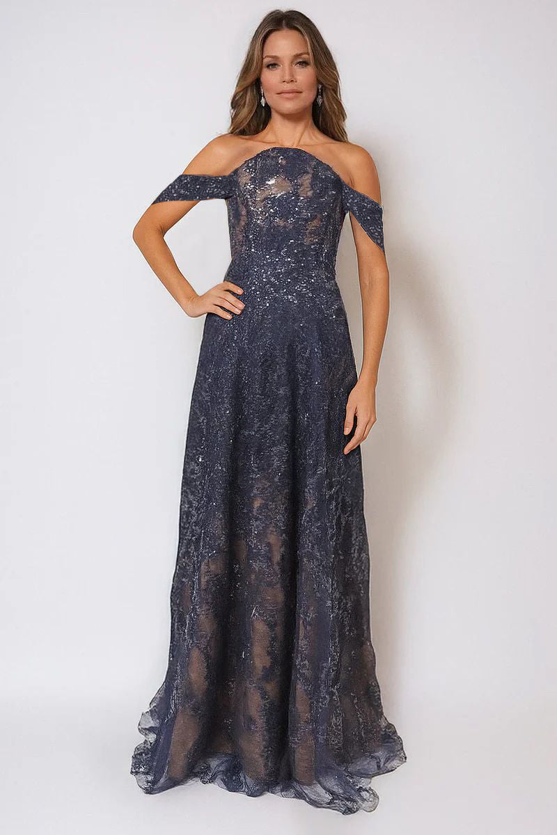 Floral Embroidered Off The Shoulder A-Line Gown