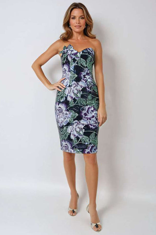 Floral Embroidered Sequin Strapless Sheath Cocktail