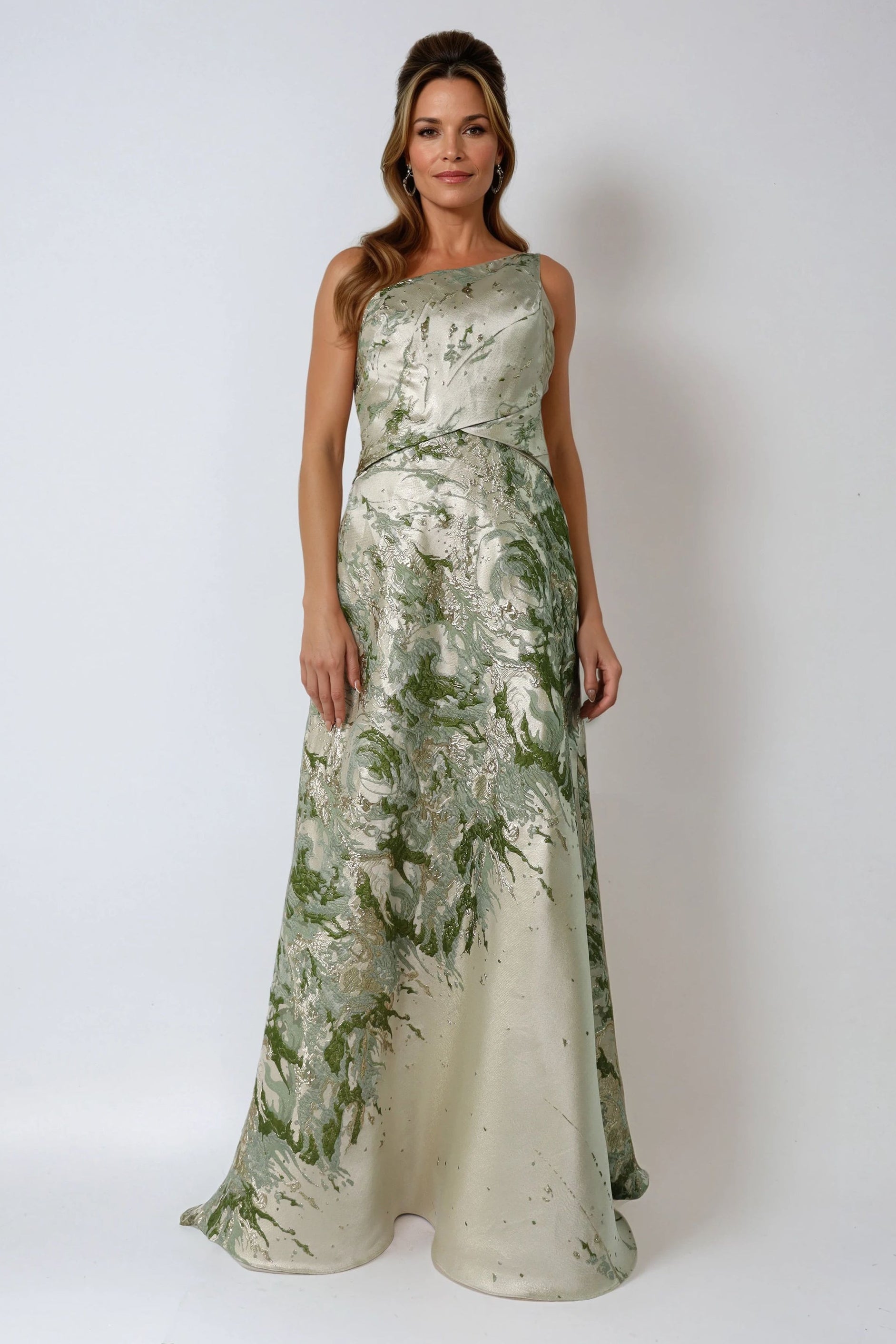 One Shoulder Brocade Metallic A-Line Gown