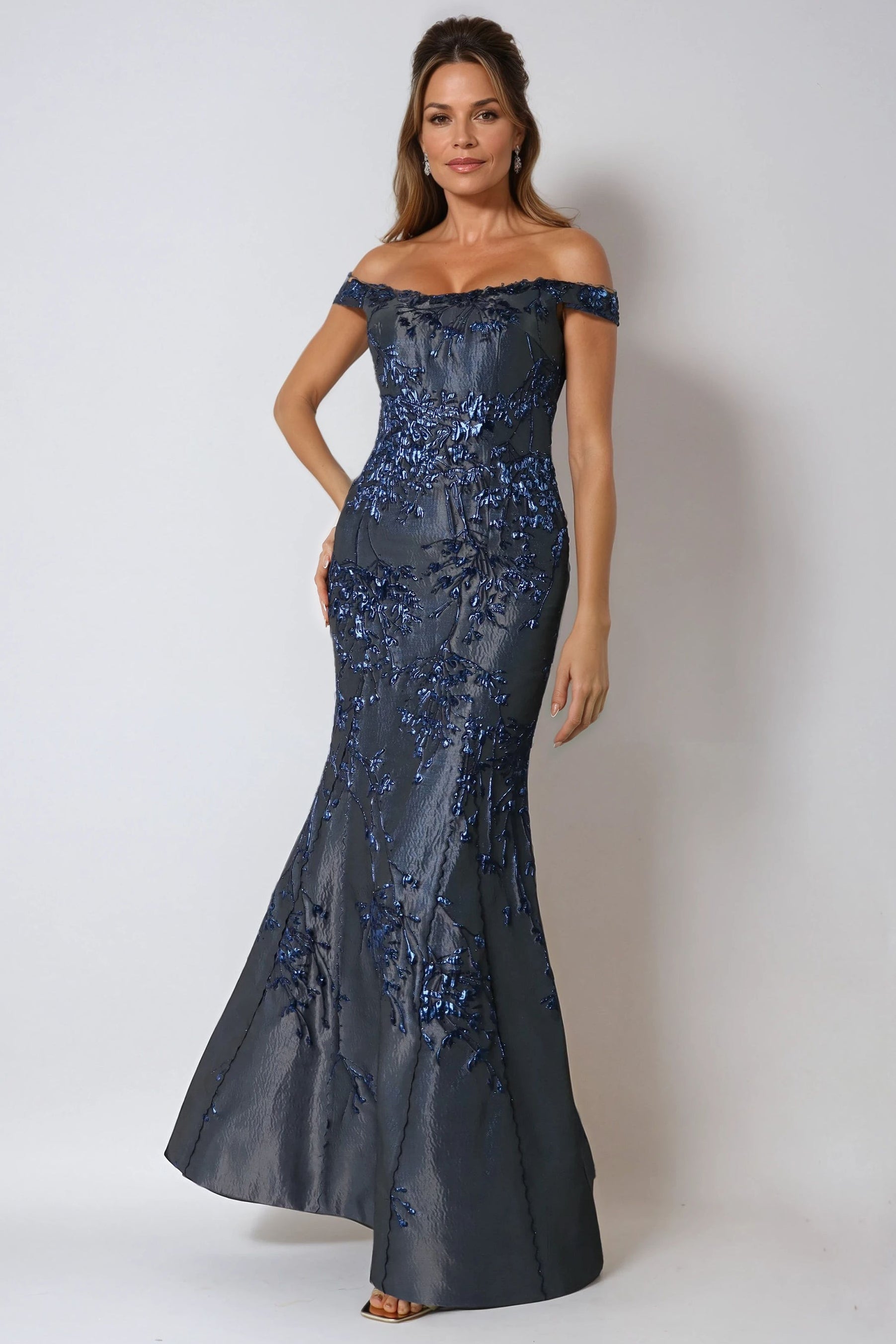 Off The Shoulder Brocade Fit And Flare Gown