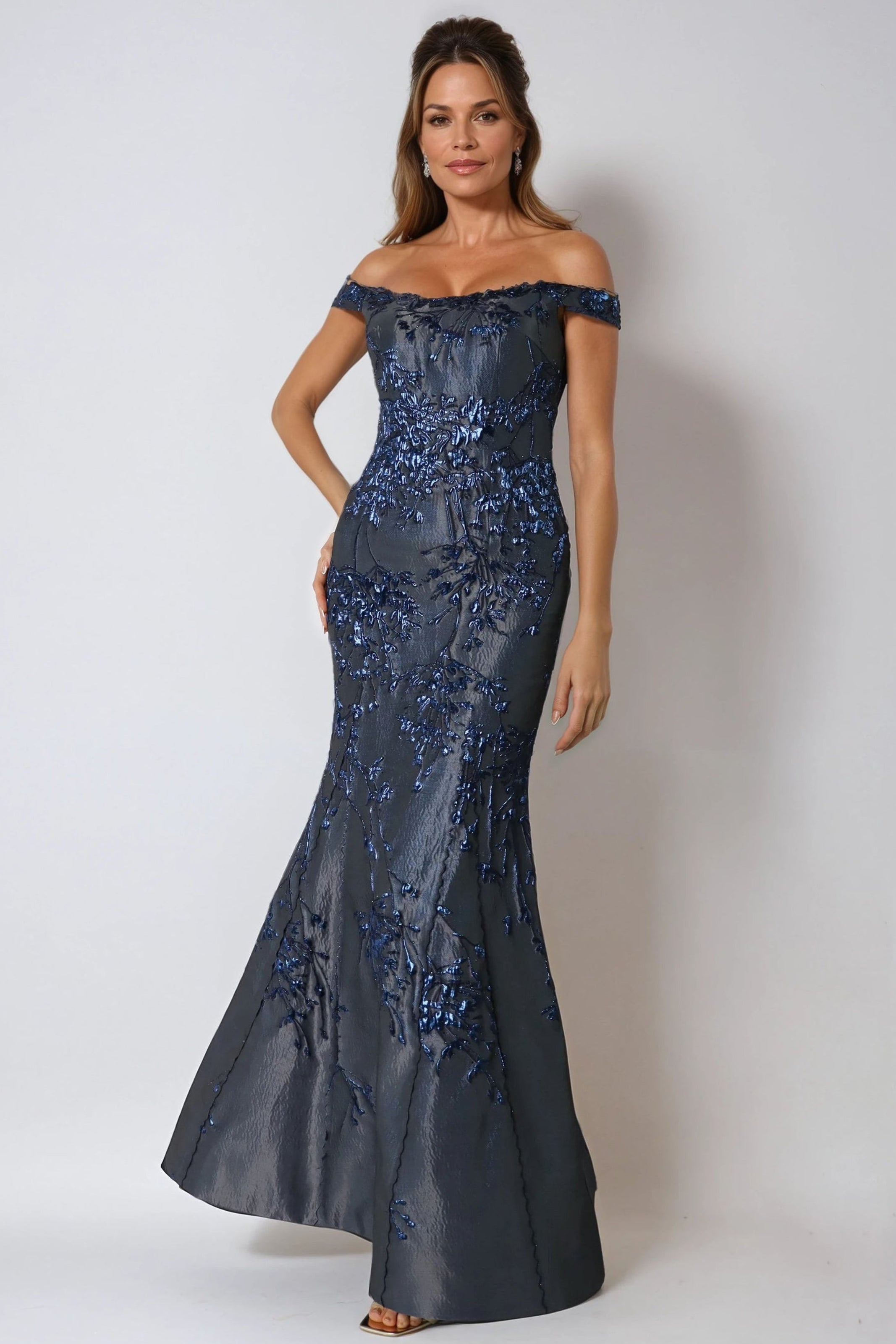 Off The Shoulder Brocade Fit And Flare Gown Gown Rene Ruiz Collection