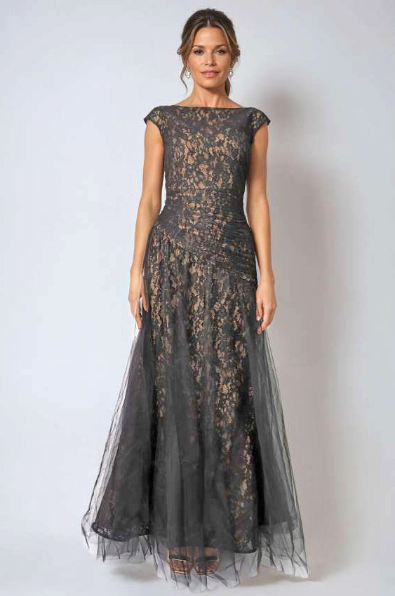 Bateau Neck Lace Tulle A-Line Gown