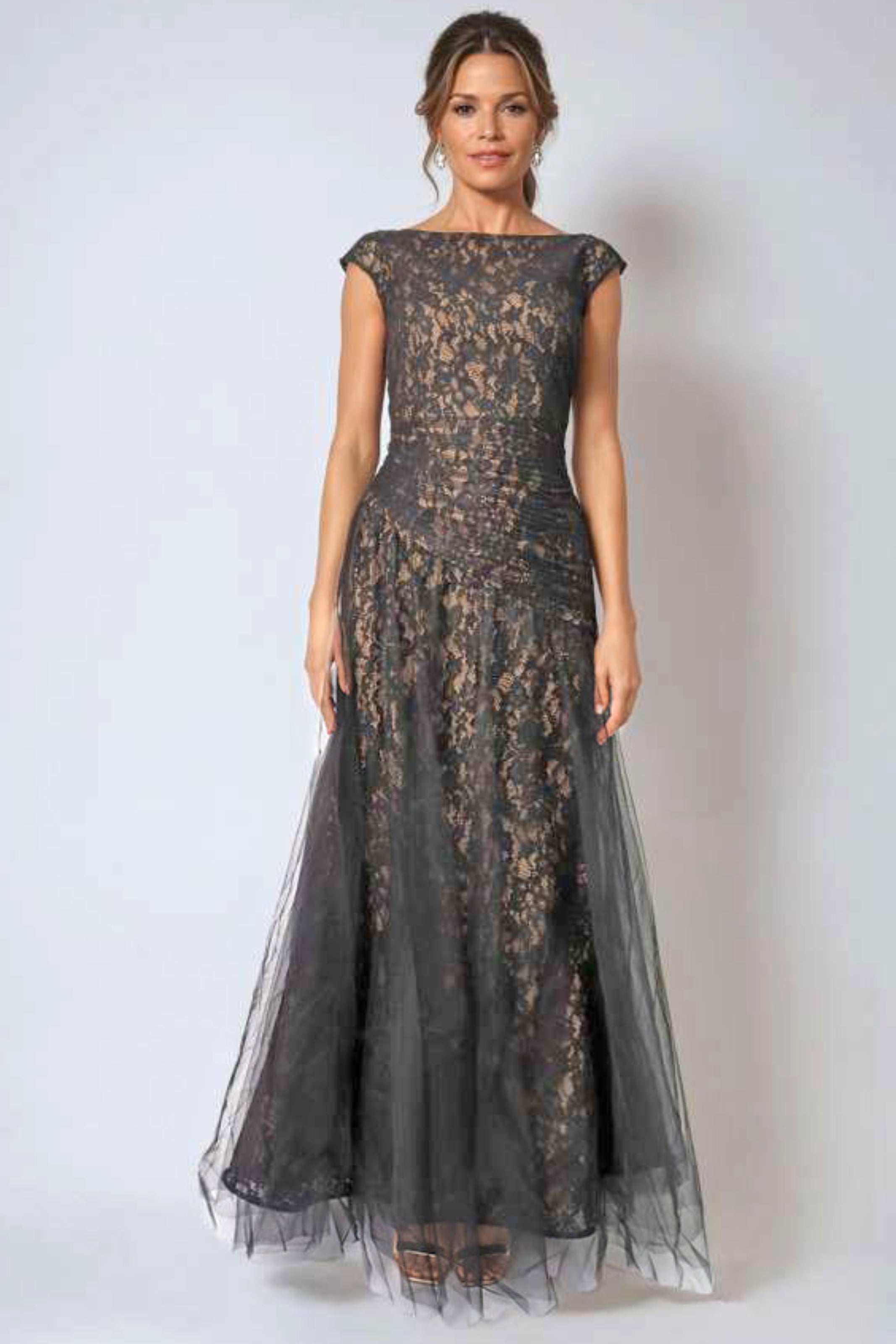Bateau Neck Lace Tulle A-Line Gown Gown Rene Ruiz Collection
