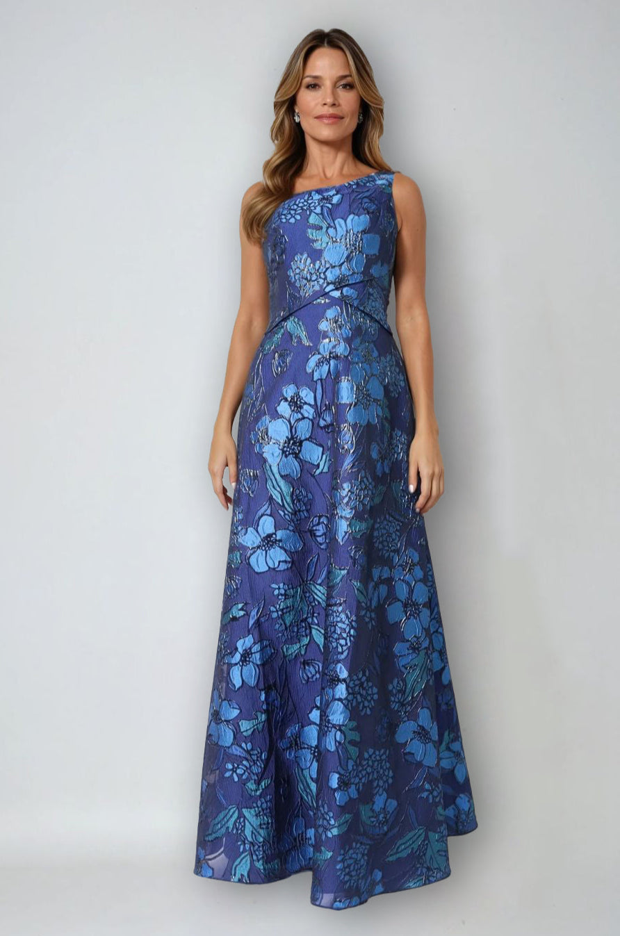 One Shoulder Brocade Metallic Floral A-Line Gown Gown Rene Ruiz Collection