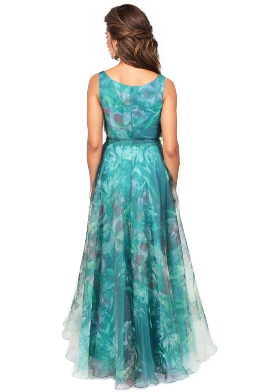 V Neck Printed Organza A-Line Gown  