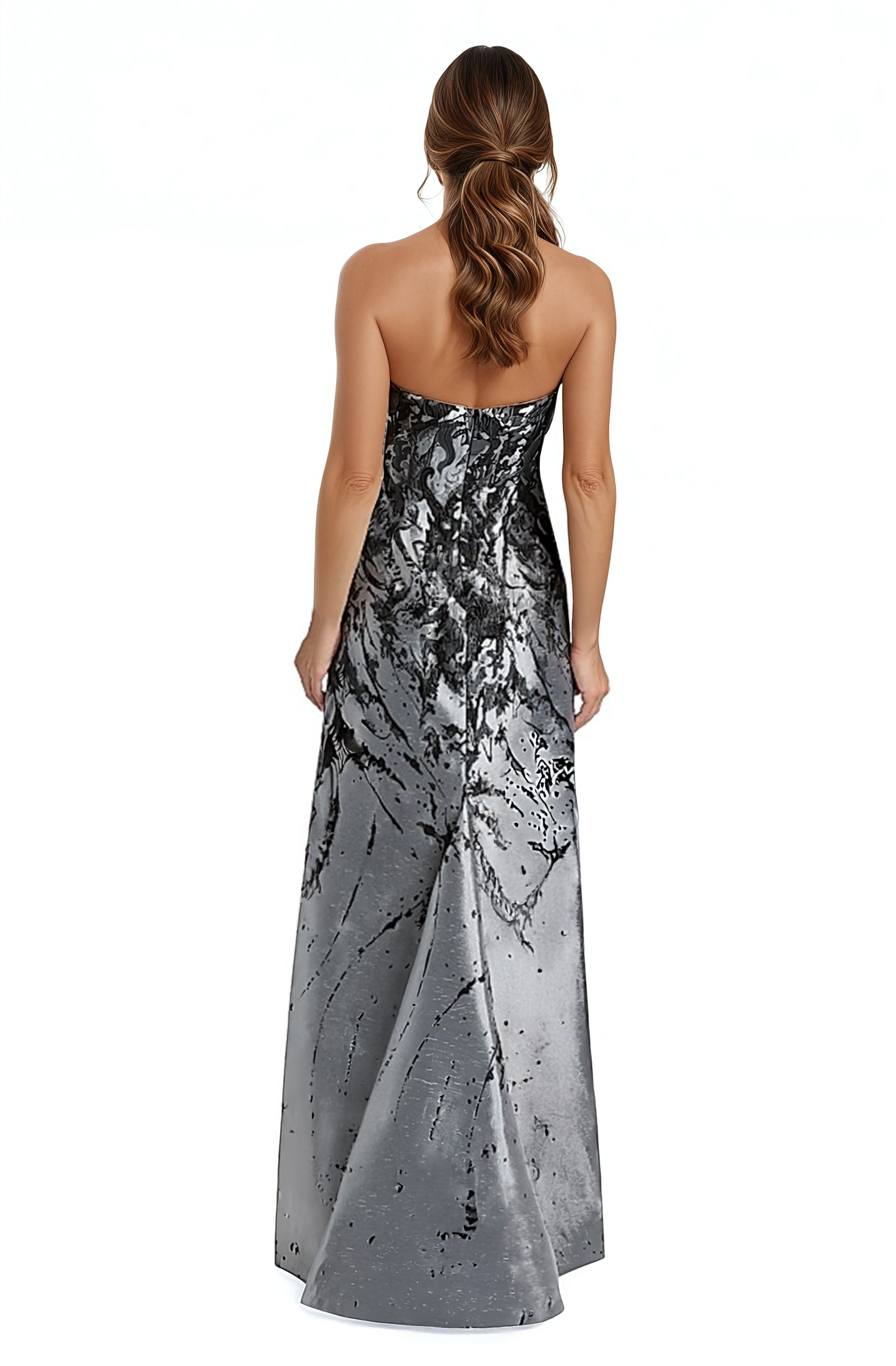 Swoop Neck Brocade Strapless A-Line Gown Gown Rene Ruiz Collection