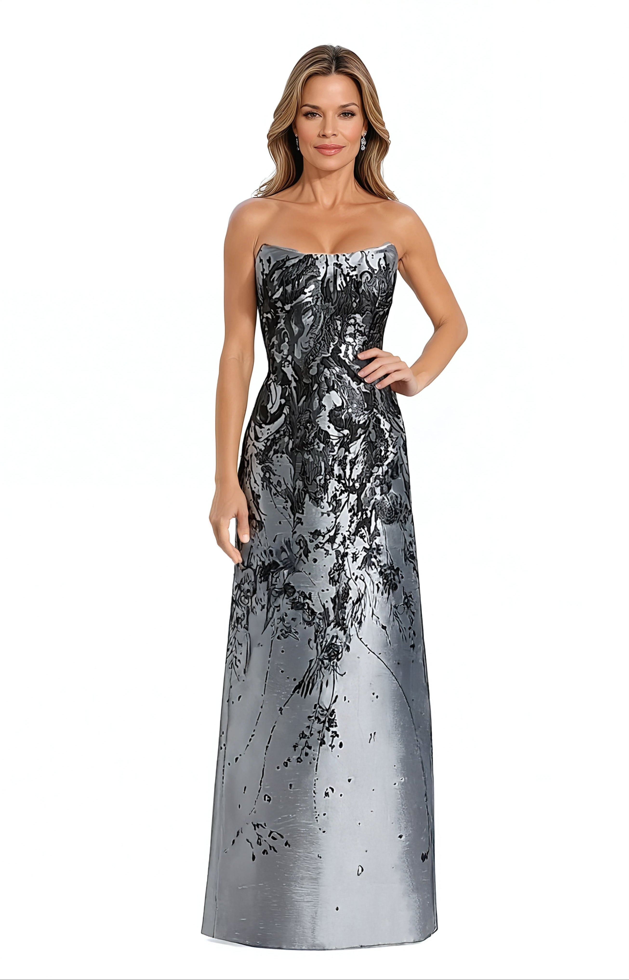 Swoop Neck Brocade Strapless A-Line Gown Gown Rene Ruiz Collection 0 Silver
