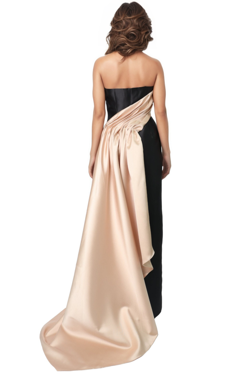 Strapless Two-Tone Satin Column Gown with Side Drape  