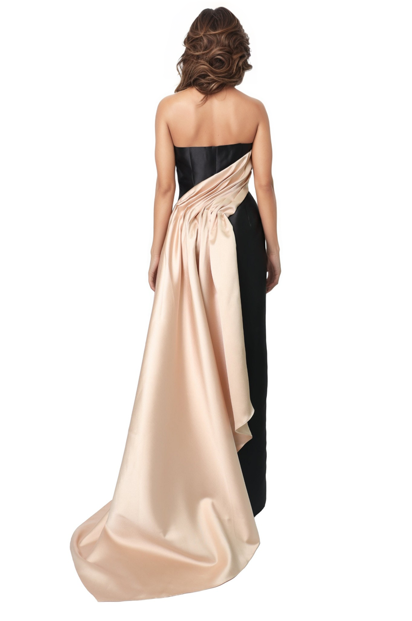 Strapless Two-Tone Satin Column Gown with Side Drape  