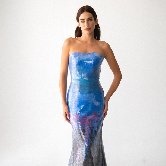 Blue Print Strapless Body-Con Gown
