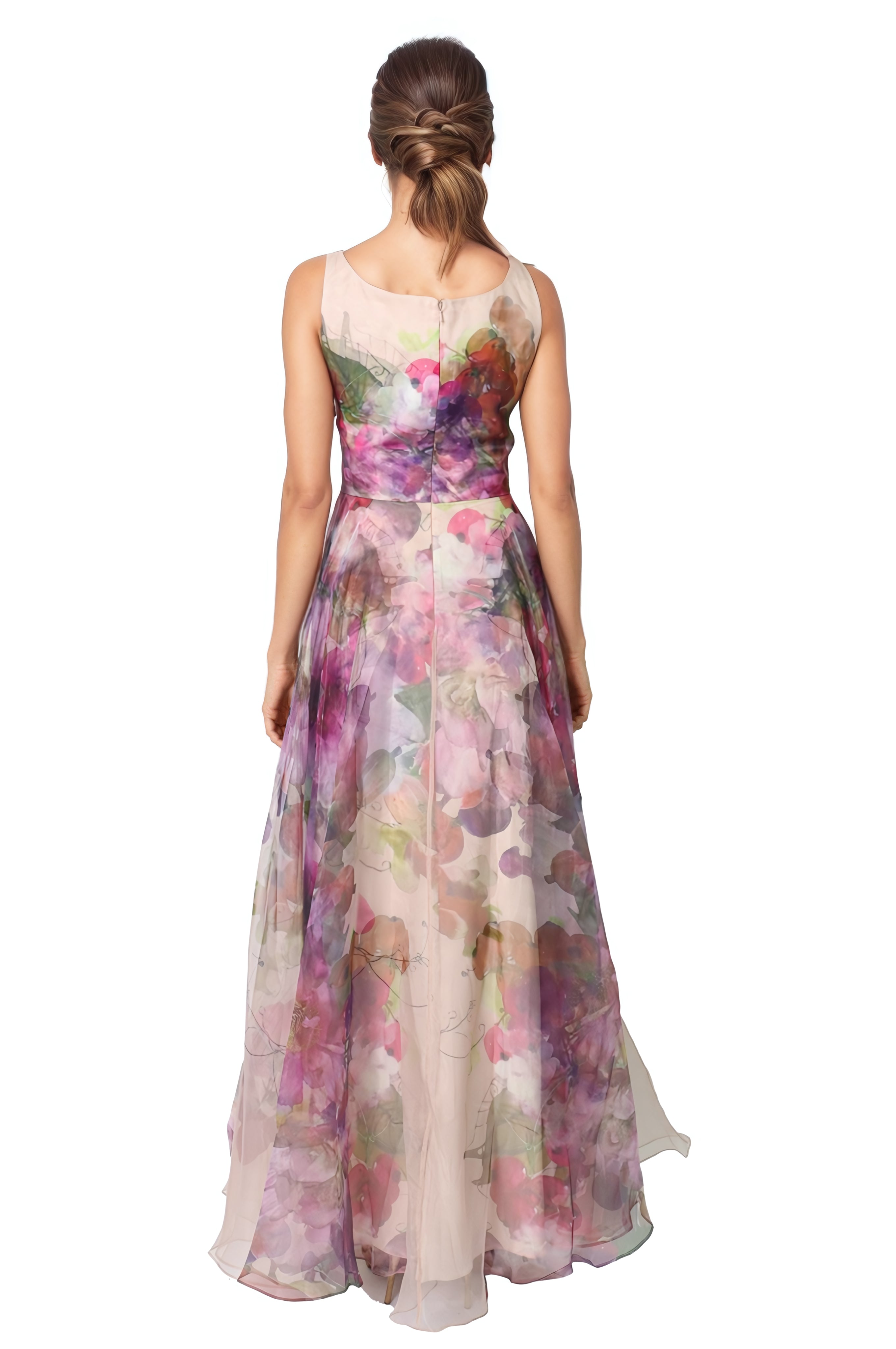 Sleeveless V-Neck Floral Print Organza Gown  