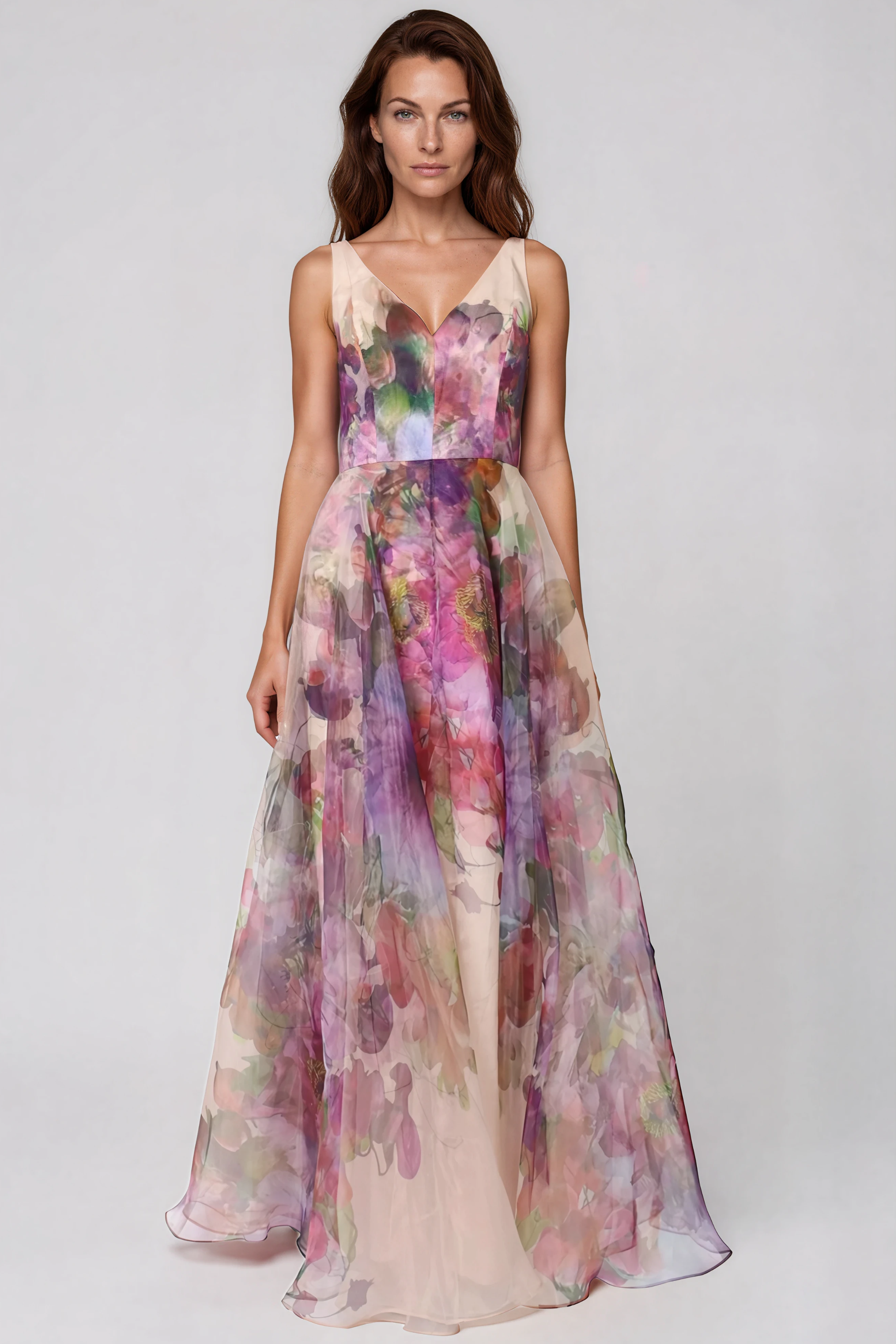 Sleeveless V-Neck Floral Print Organza Gown