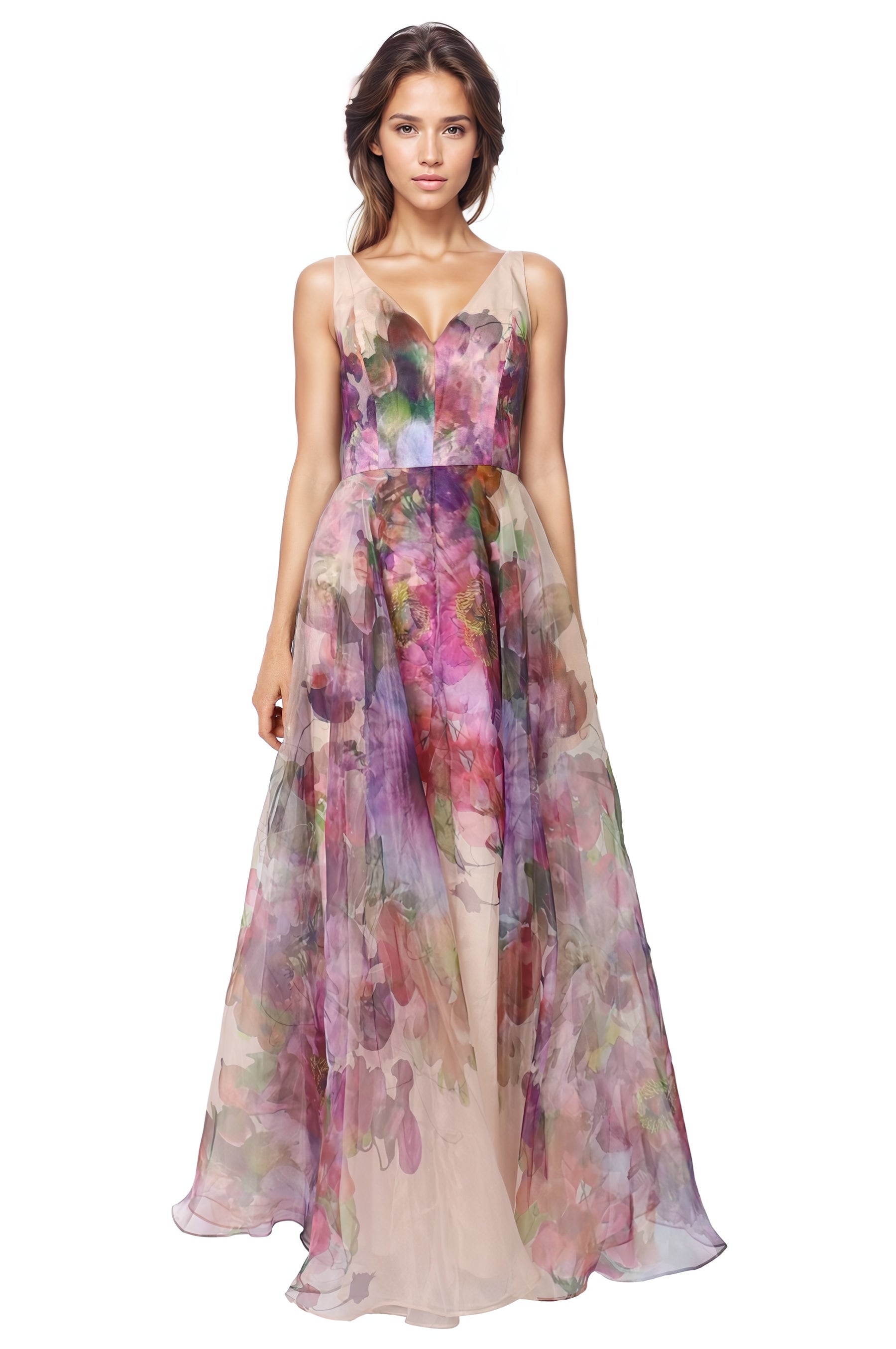 Plus Floral Sequin V Neck Sleeveless A-Line Formal Dress