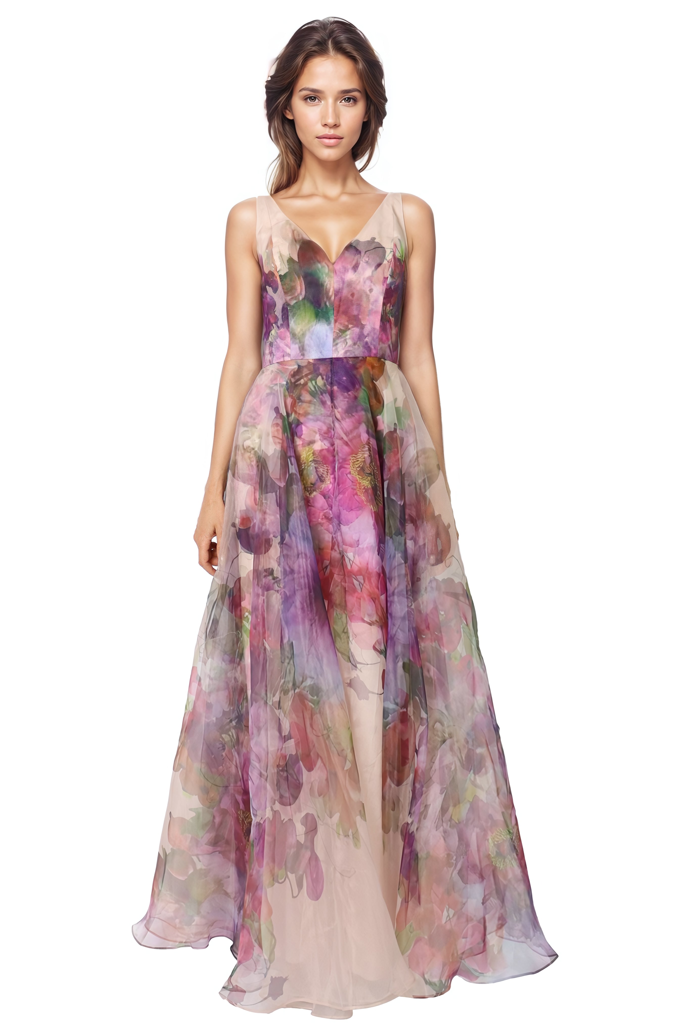 Sleeveless V-Neck Floral Print Organza Gown  