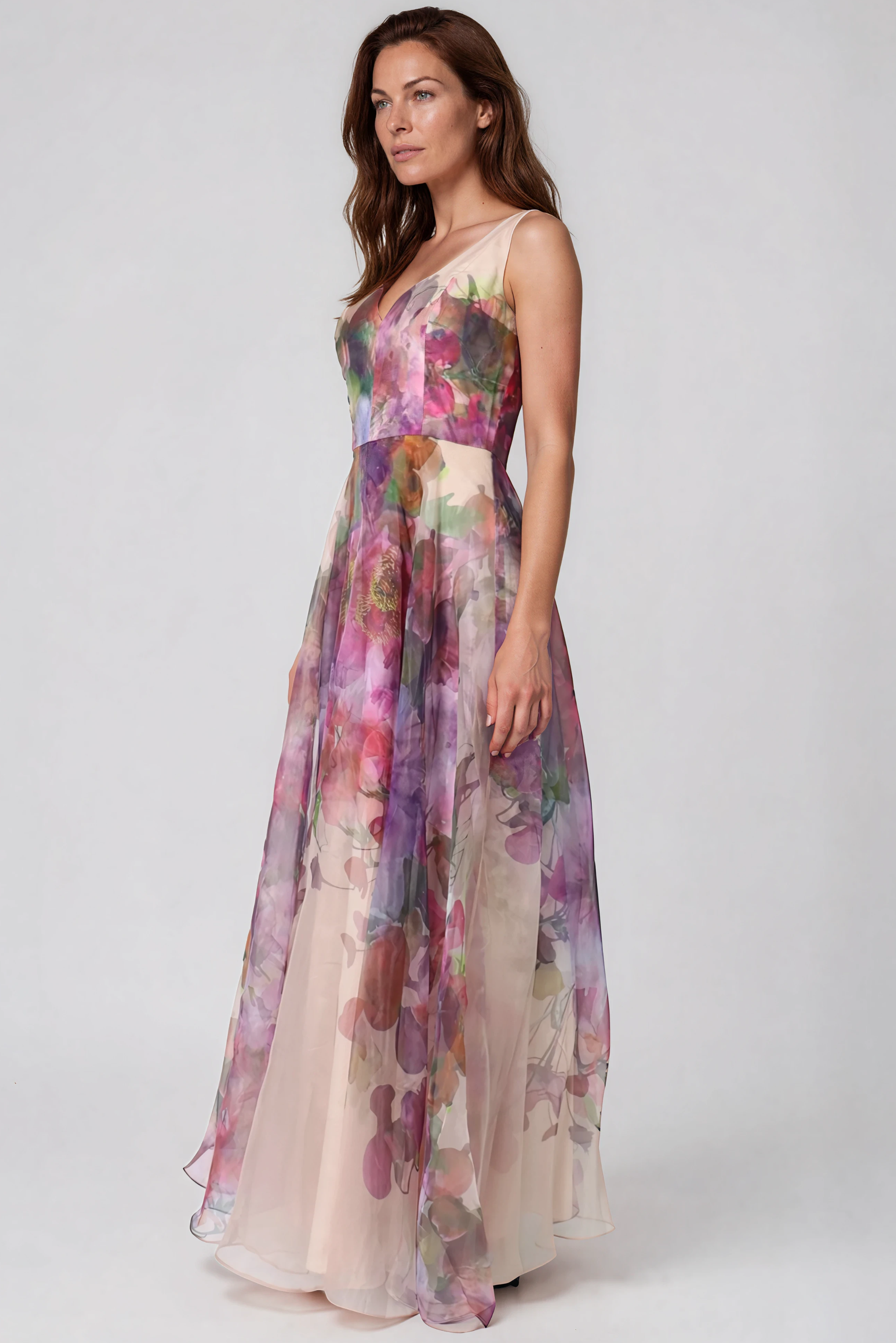 Sleeveless V-Neck Floral Print Organza Gown Gown Rene Ruiz Collection