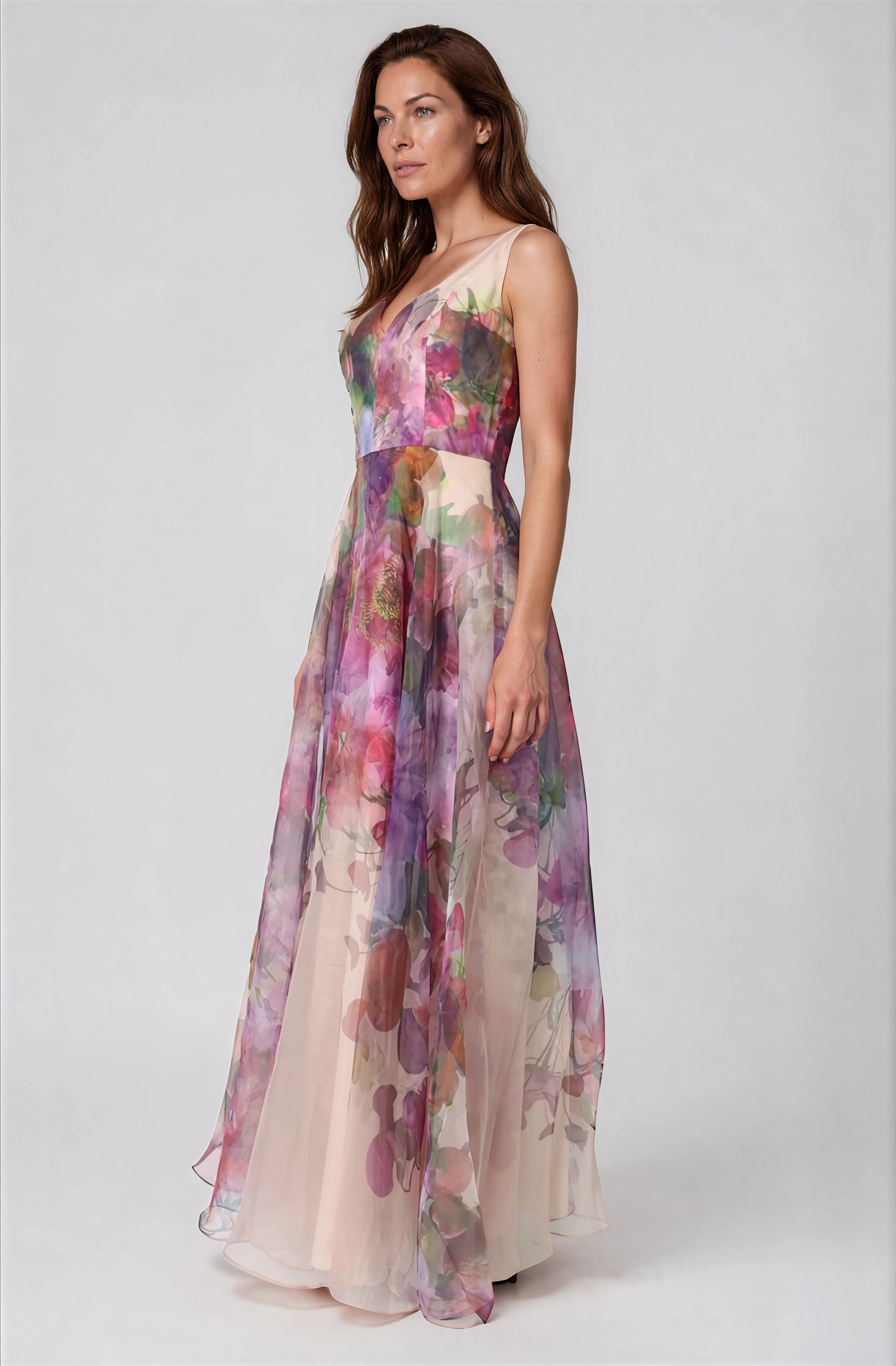 Sleeveless V-Neck Floral Print Organza Gown Gown Rene Ruiz Collection