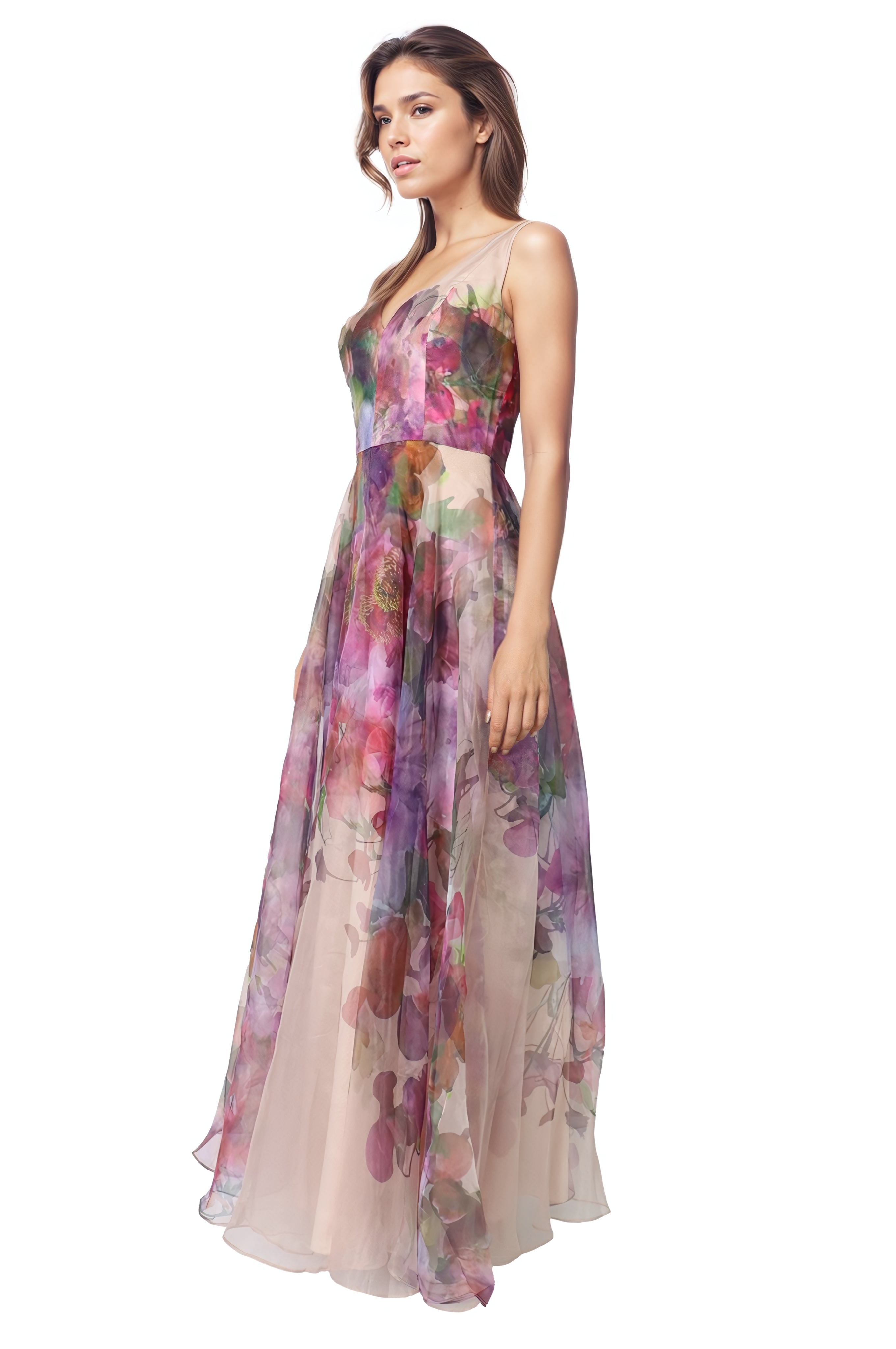 Sleeveless V-Neck Floral Print Organza Gown  